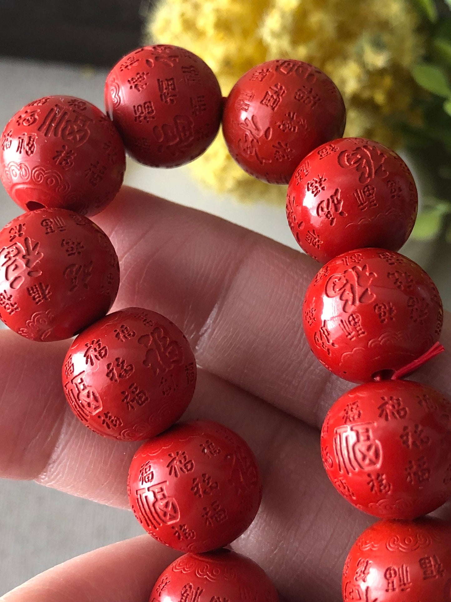 13.2 mm Red Carved Six Words Blessing Cinnabar Round Bead Bracelet