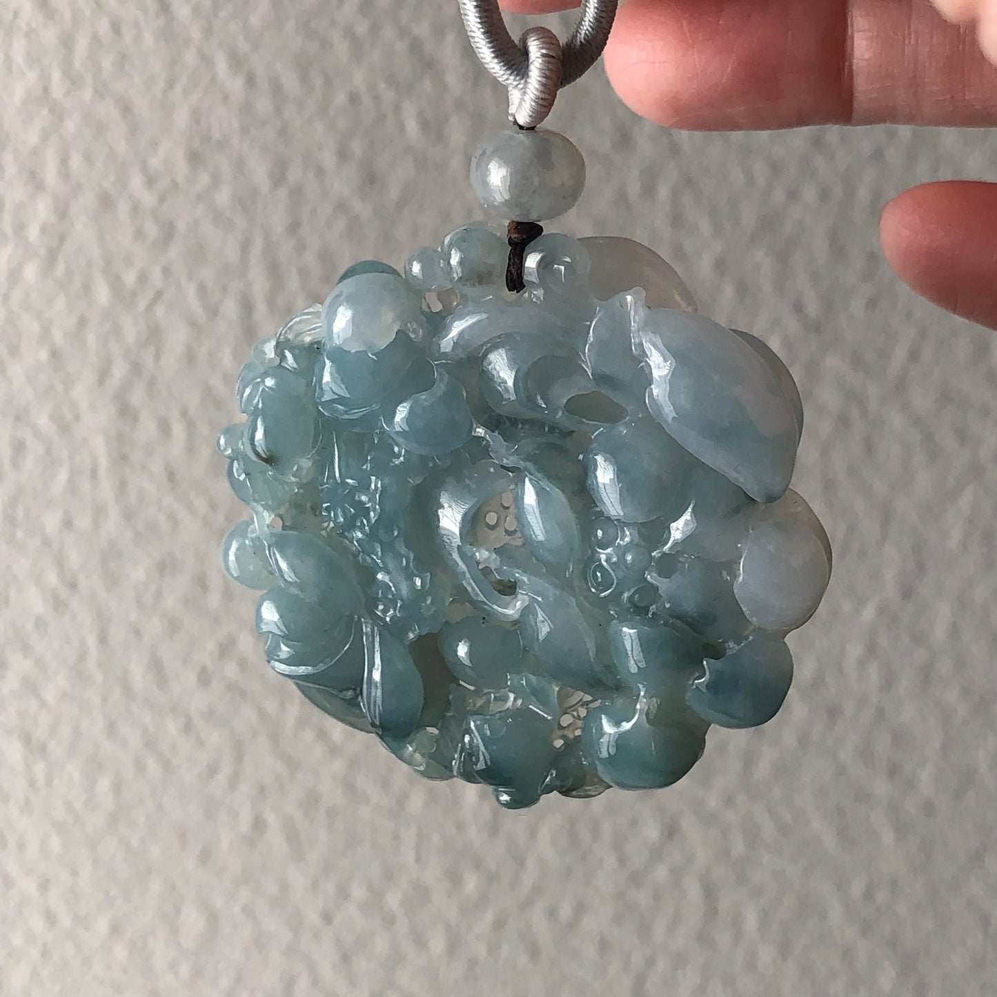 56 mm Sky Blue Glutinous Carved Flower Jadeite Jade Pendant