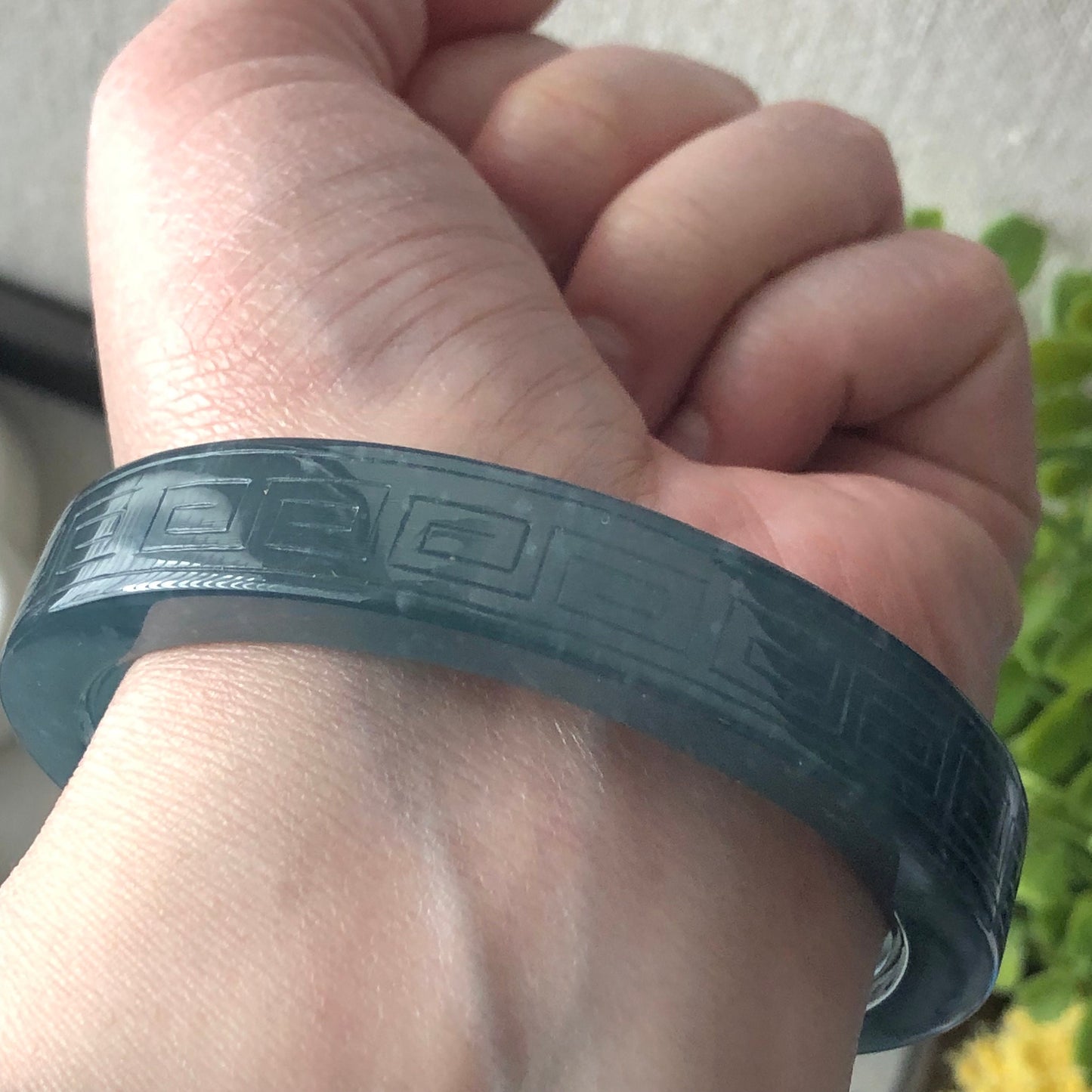 58mm Icy Guatemalan Jade Icy Blue Green Cuff Shaped carved Pattern cut Bangle