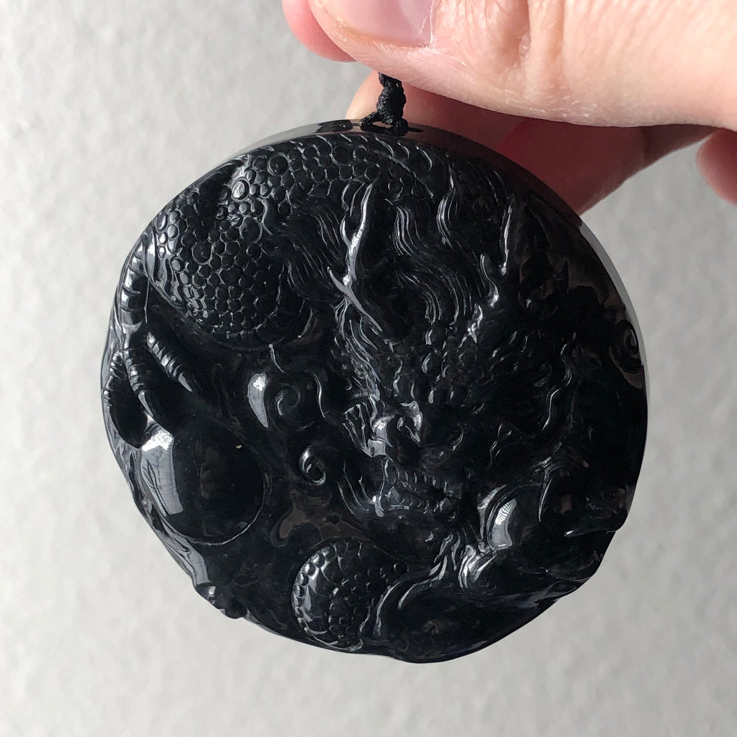 52mm Jadeite Jade Wuji Black Carved Dragon Pendant Neck Rope Tie