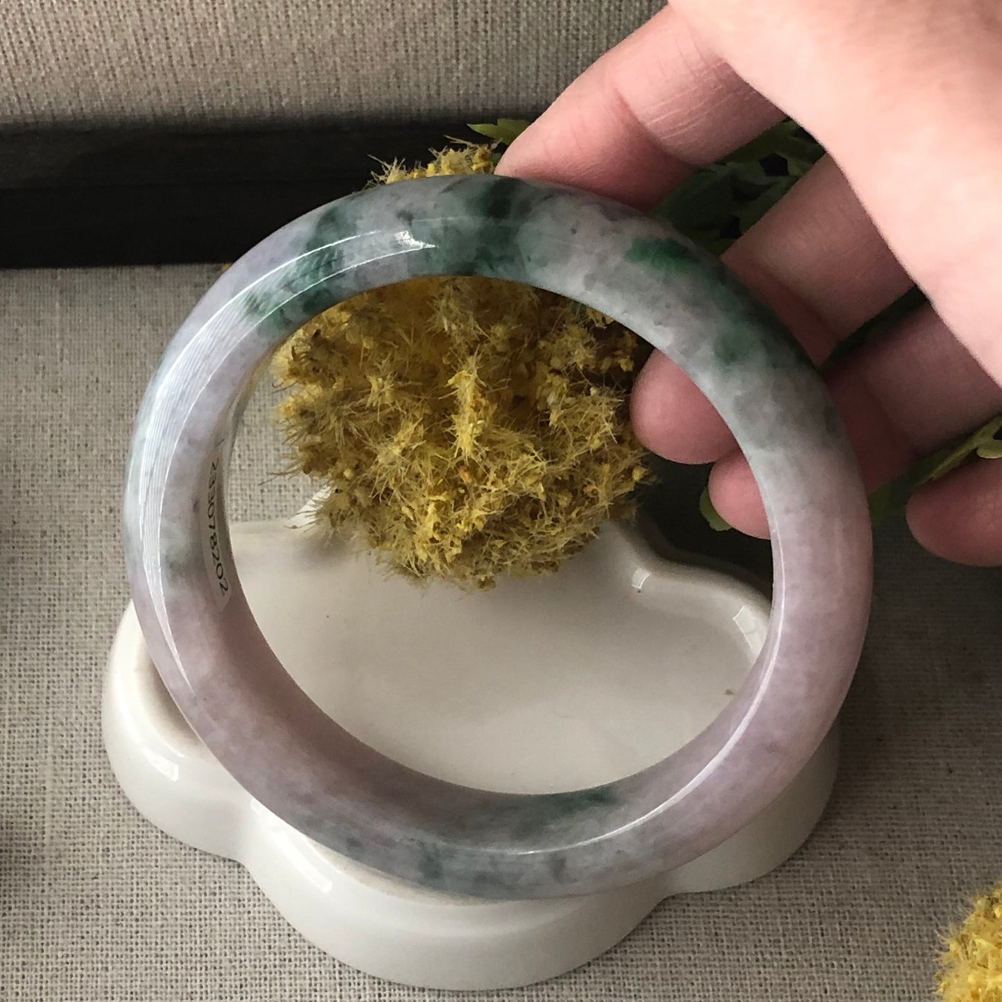 63mm Light Pink Lavender Green Float Flowers Moss D-shaped Jadeite Jade Bangle