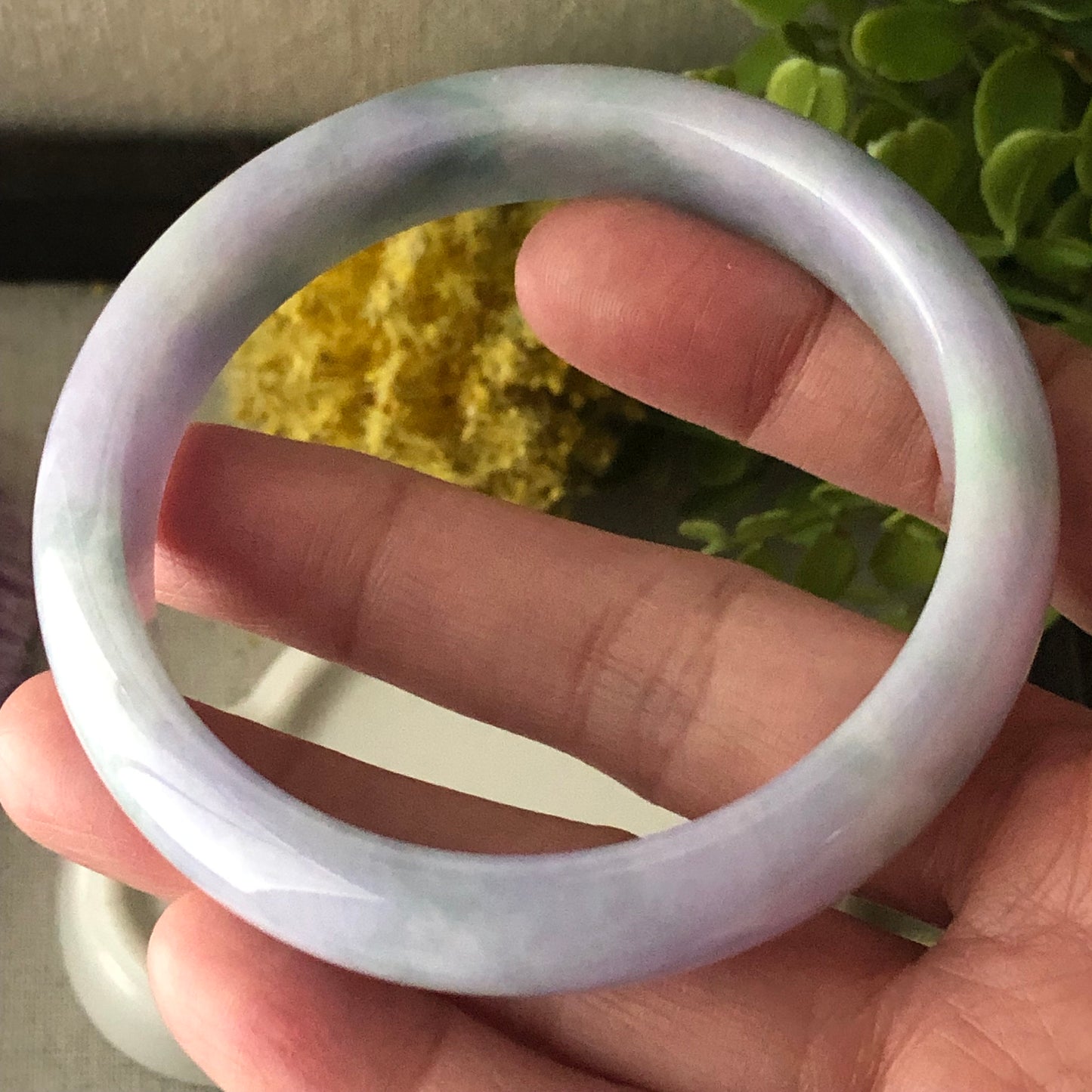 57.5mm Lavender Green Duo Glutinous D-Shaped Jadeite Jade Bangle