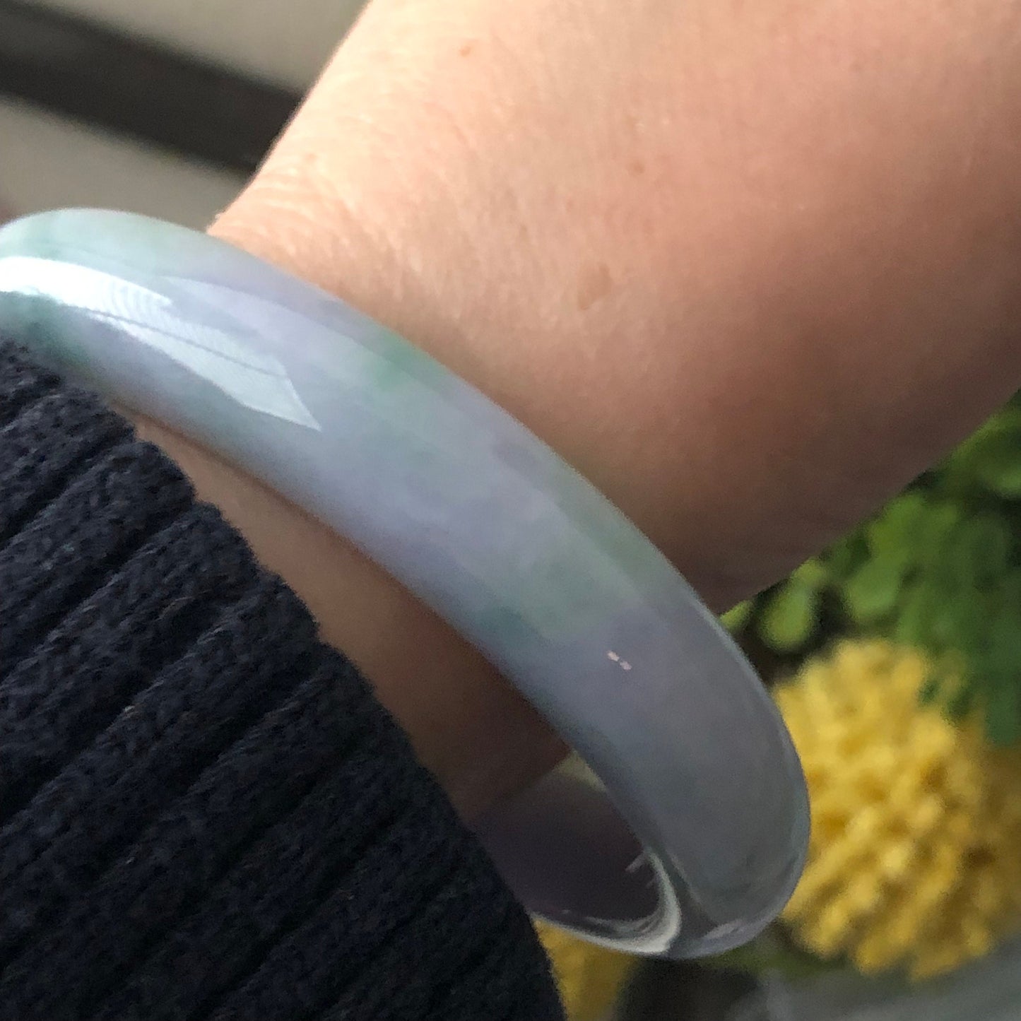 57.5mm Lavender Green Duo Glutinous D-Shaped Jadeite Jade Bangle