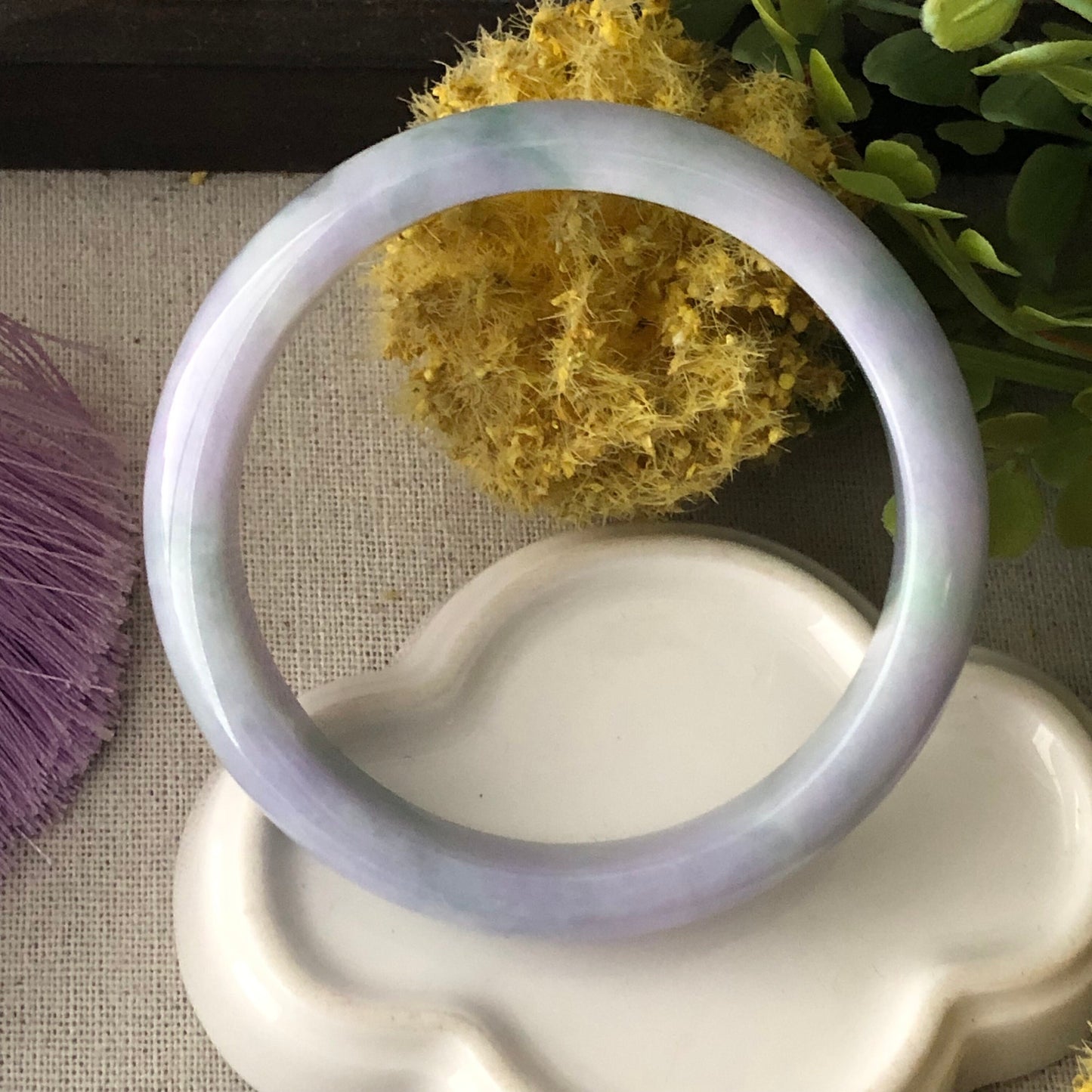 57.5mm Lavender Green Duo Glutinous D-Shaped Jadeite Jade Bangle