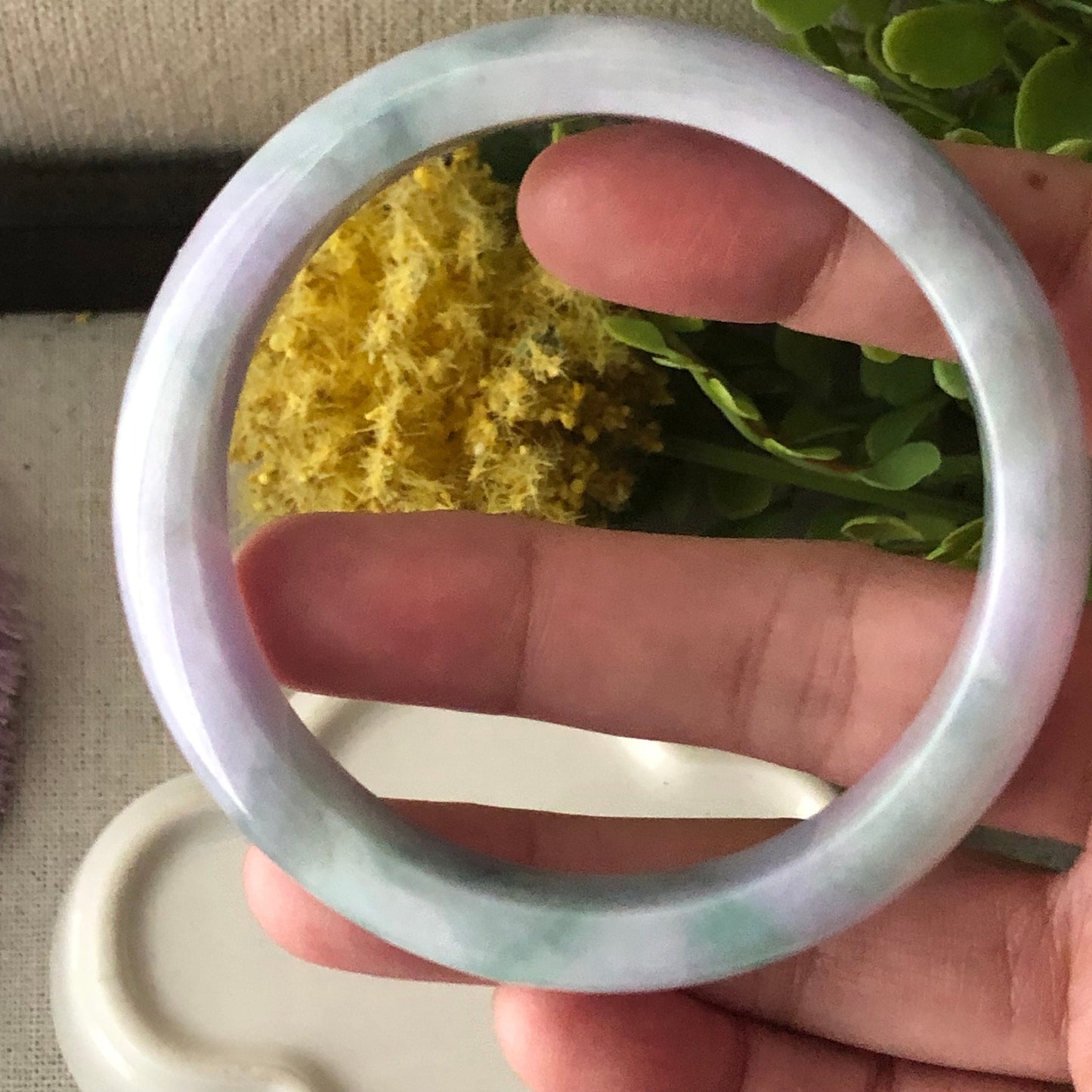 57.5mm Lavender Green Duo Glutinous D-Shaped Jadeite Jade Bangle