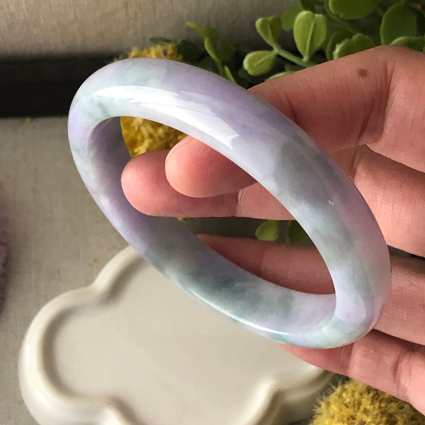 57.5mm Lavender Green Duo Glutinous D-Shaped Jadeite Jade Bangle