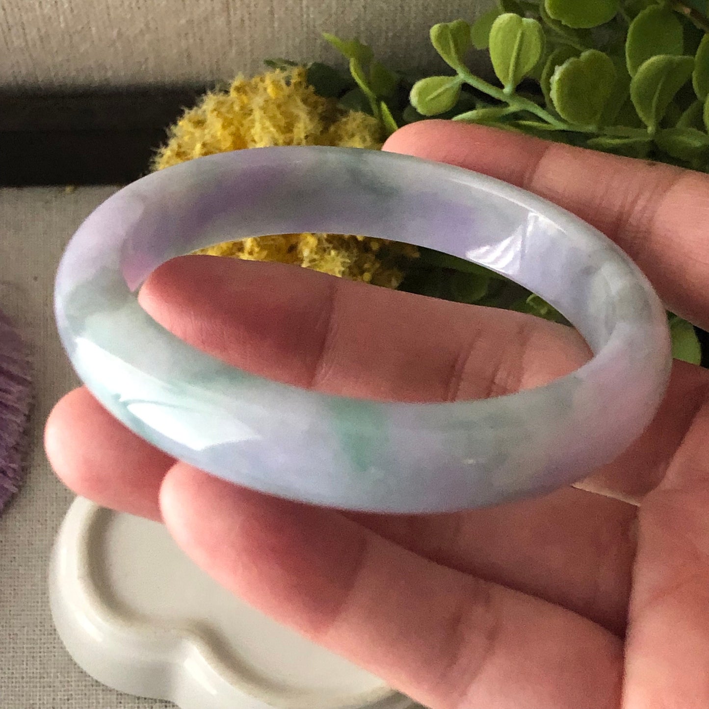 57.5mm Lavender Green Duo Glutinous D-Shaped Jadeite Jade Bangle