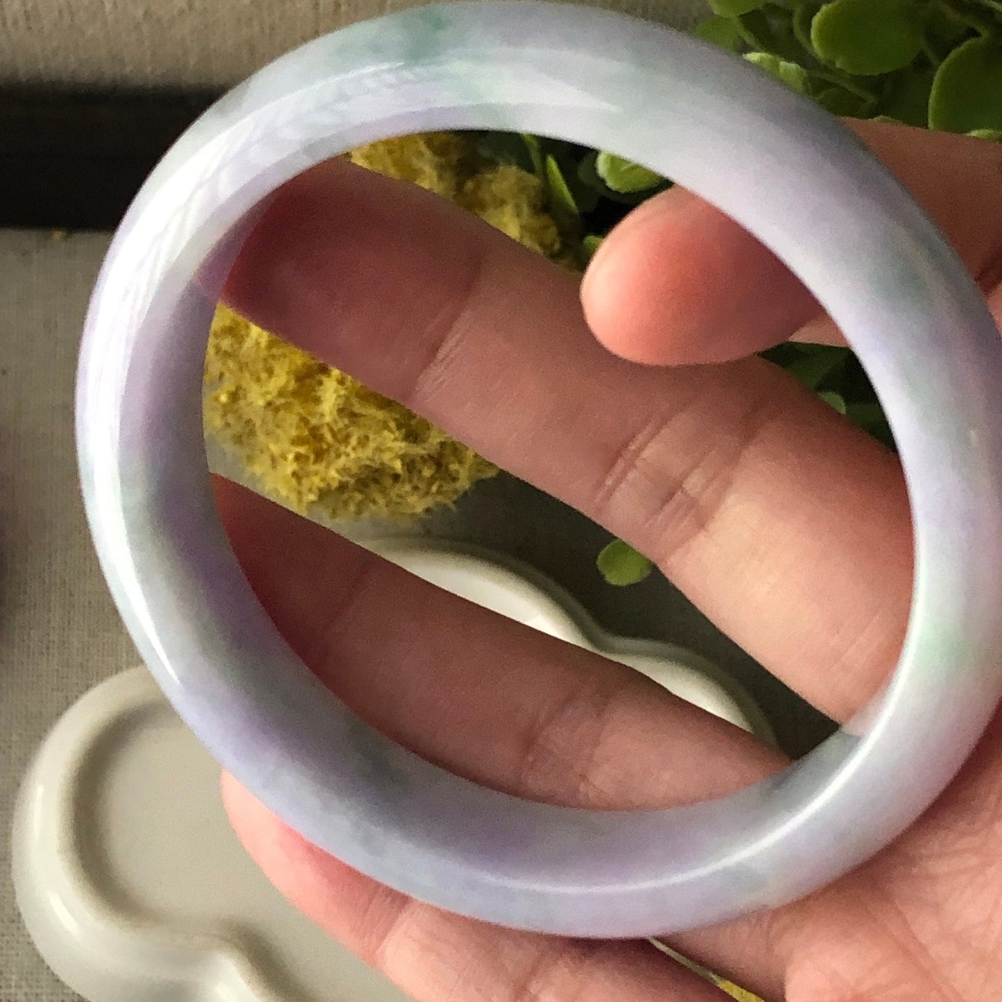 57.5mm Lavender Green Duo Glutinous D-Shaped Jadeite Jade Bangle