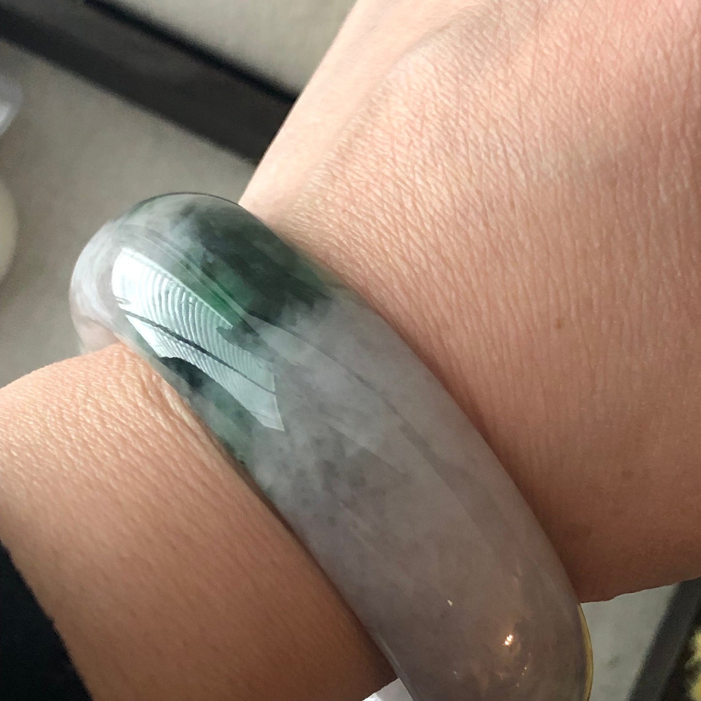 58mm Light Pink Lavender Green Float Flowers Moss D-shaped Jadeite Jade Bangle