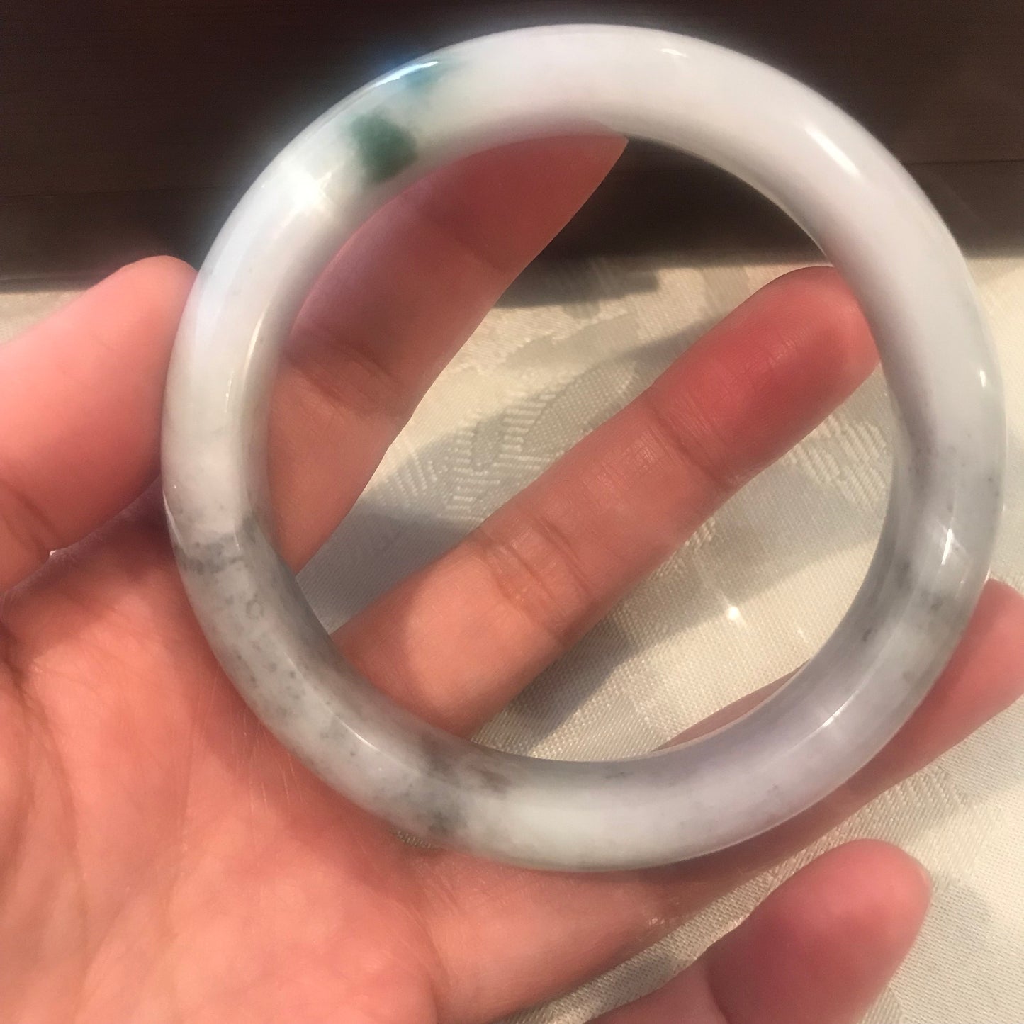 58.5mm Jadeite Jade Wuji Green Float Flowers D-shaped Bangle