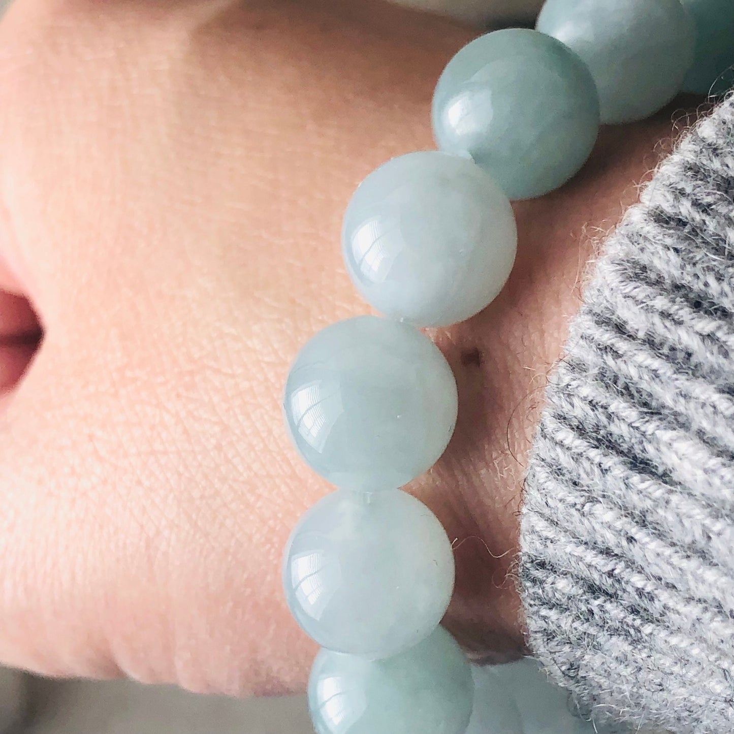 11 mm Icy Sky Blue Green Float Flowers Jade Jadeite Bead Bracelet