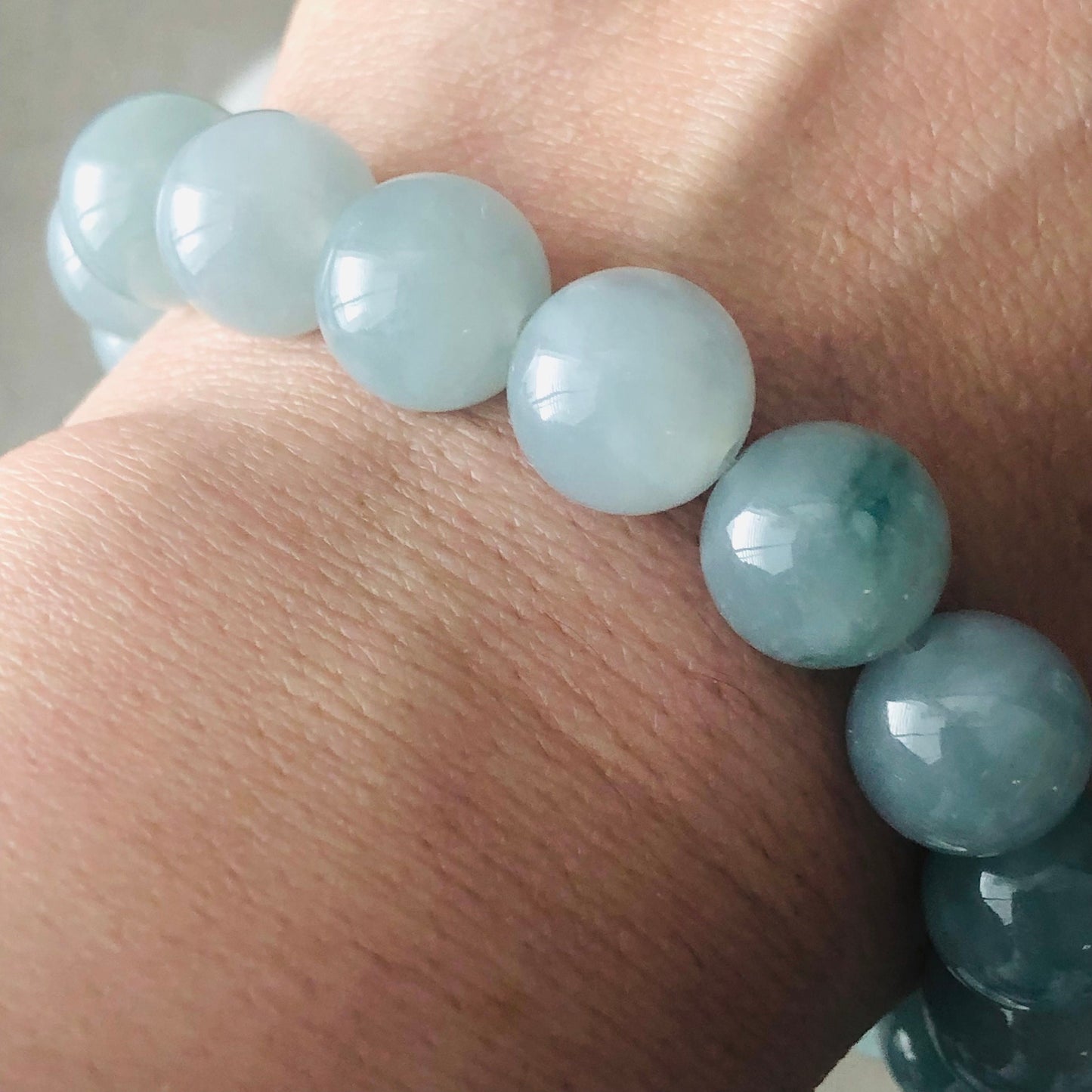 11 mm Icy Sky Blue Green Float Flowers Jade Jadeite Bead Bracelet