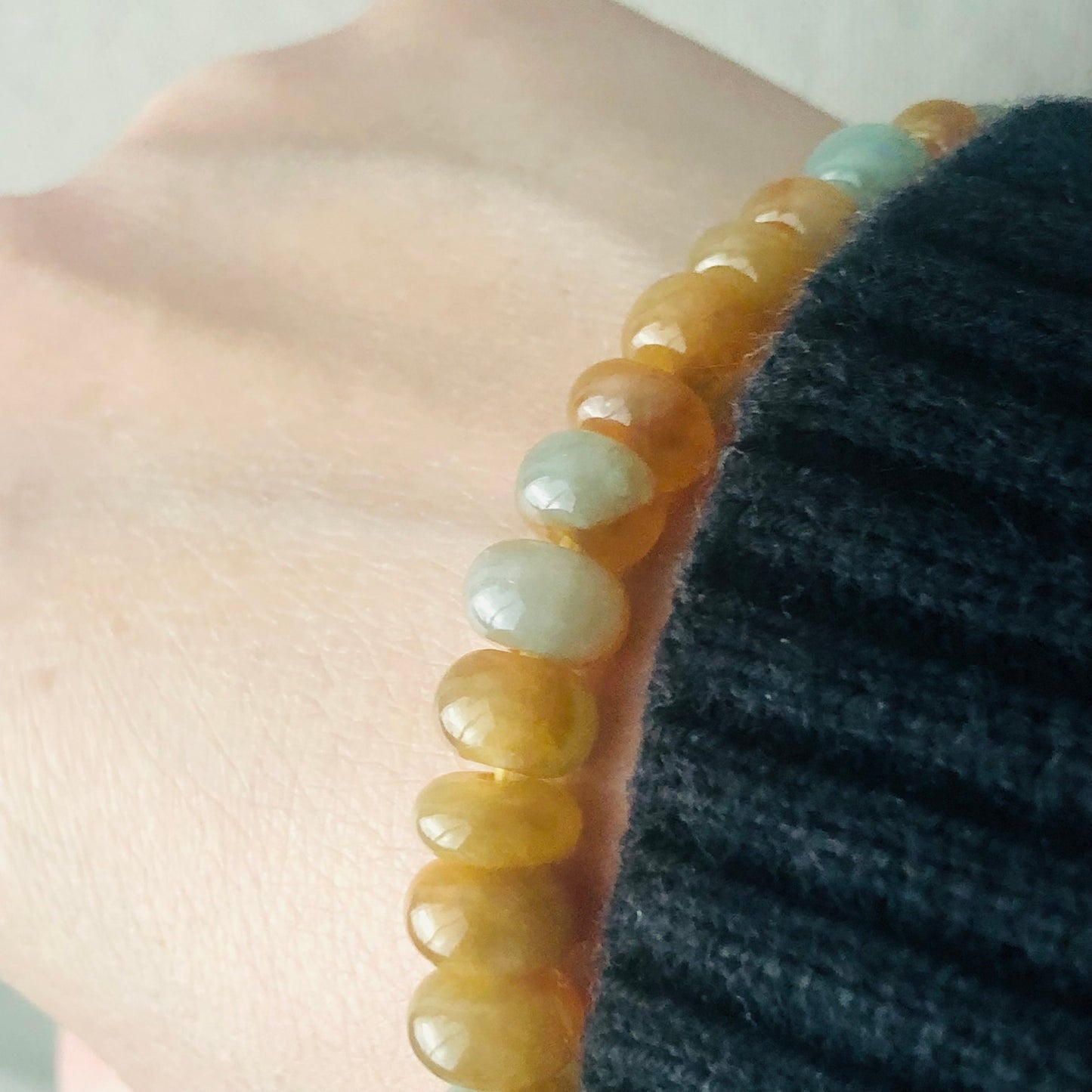 8.6mm Icy Yellow Brown Jade Jadeite Flat Beaded Bracelet RARE