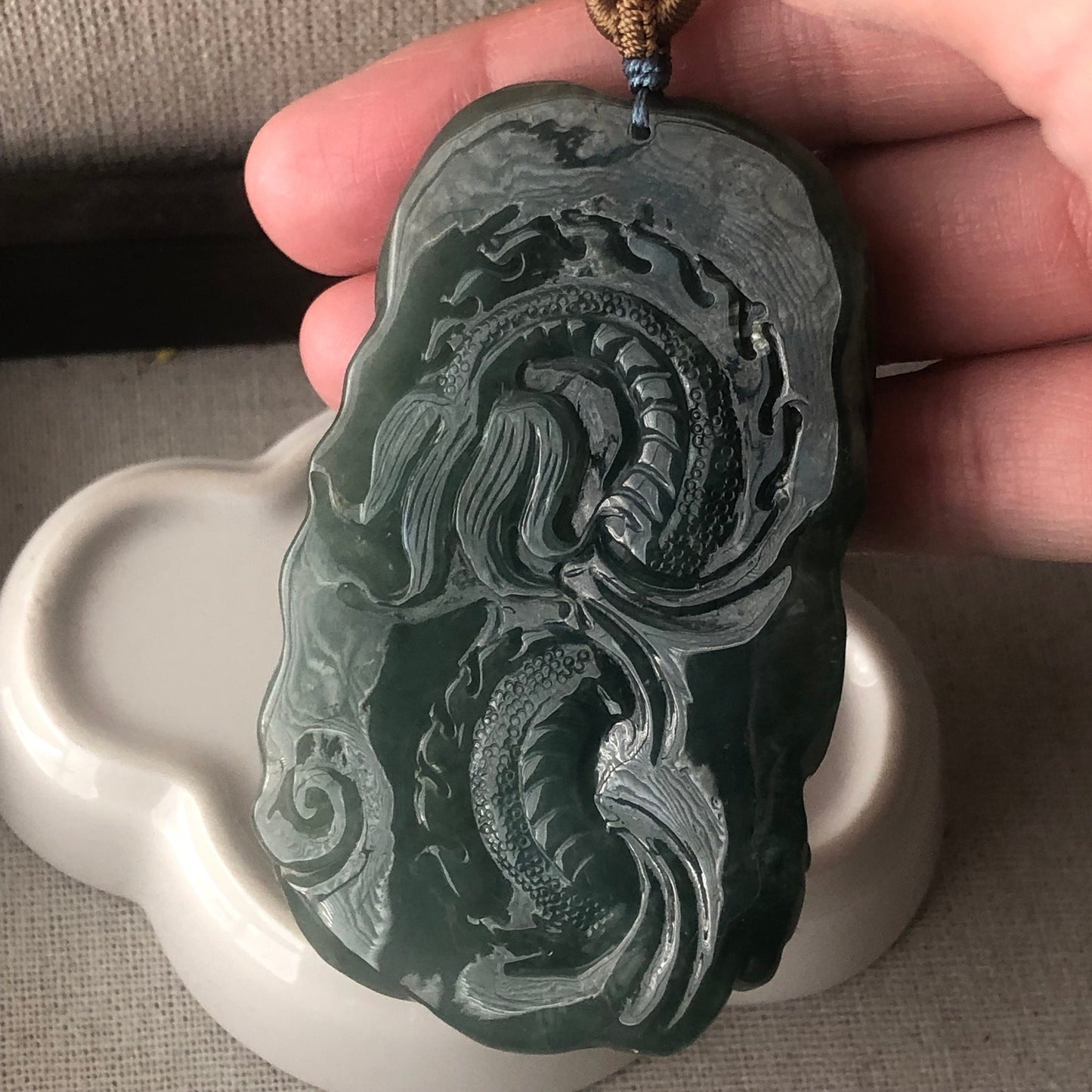 73mm Jadeite Jade Icy Green carved dragon Pendant