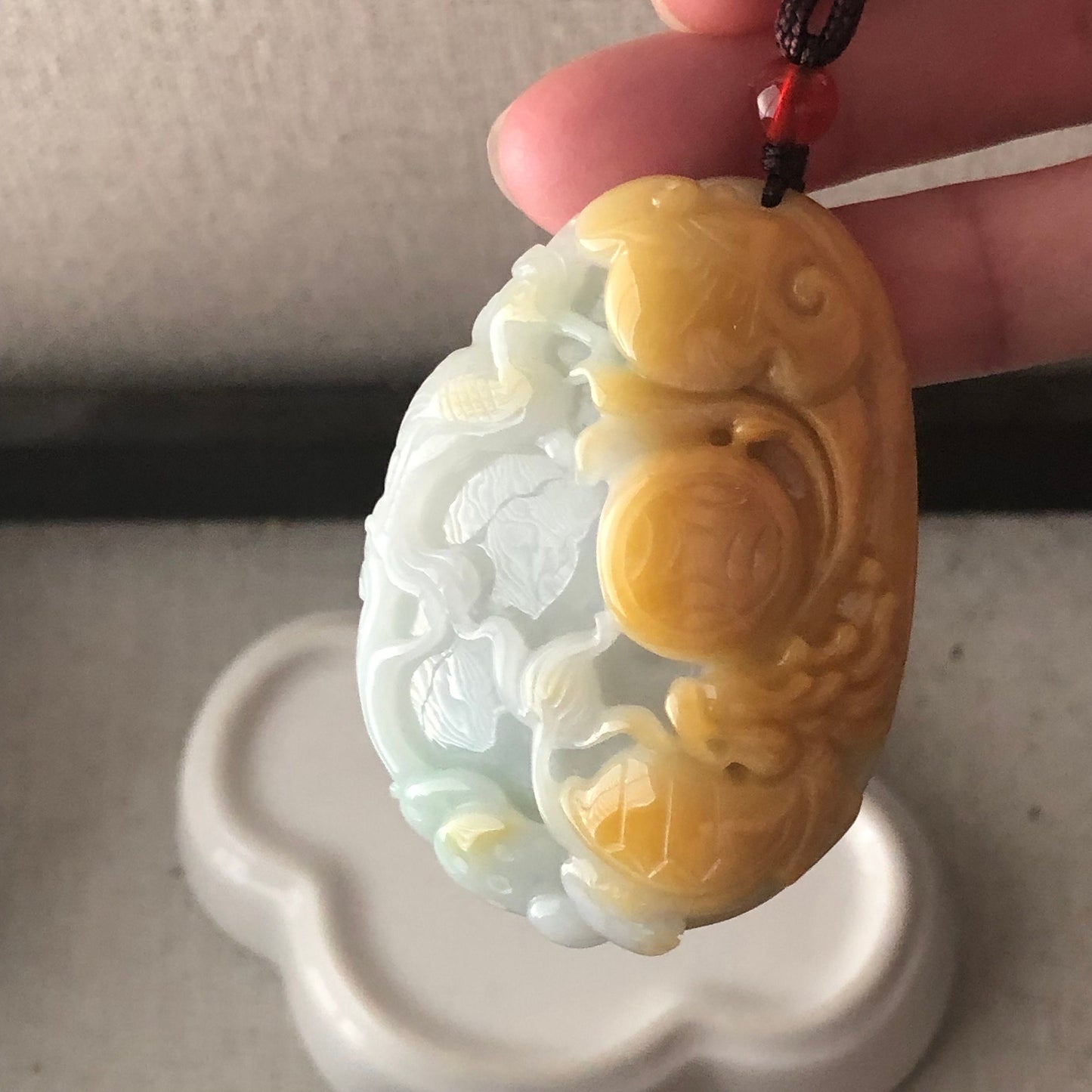 53mm Icy Yellow Brown Jadeite Jade Ruyi Cloud Carved Flower Bird Pendant