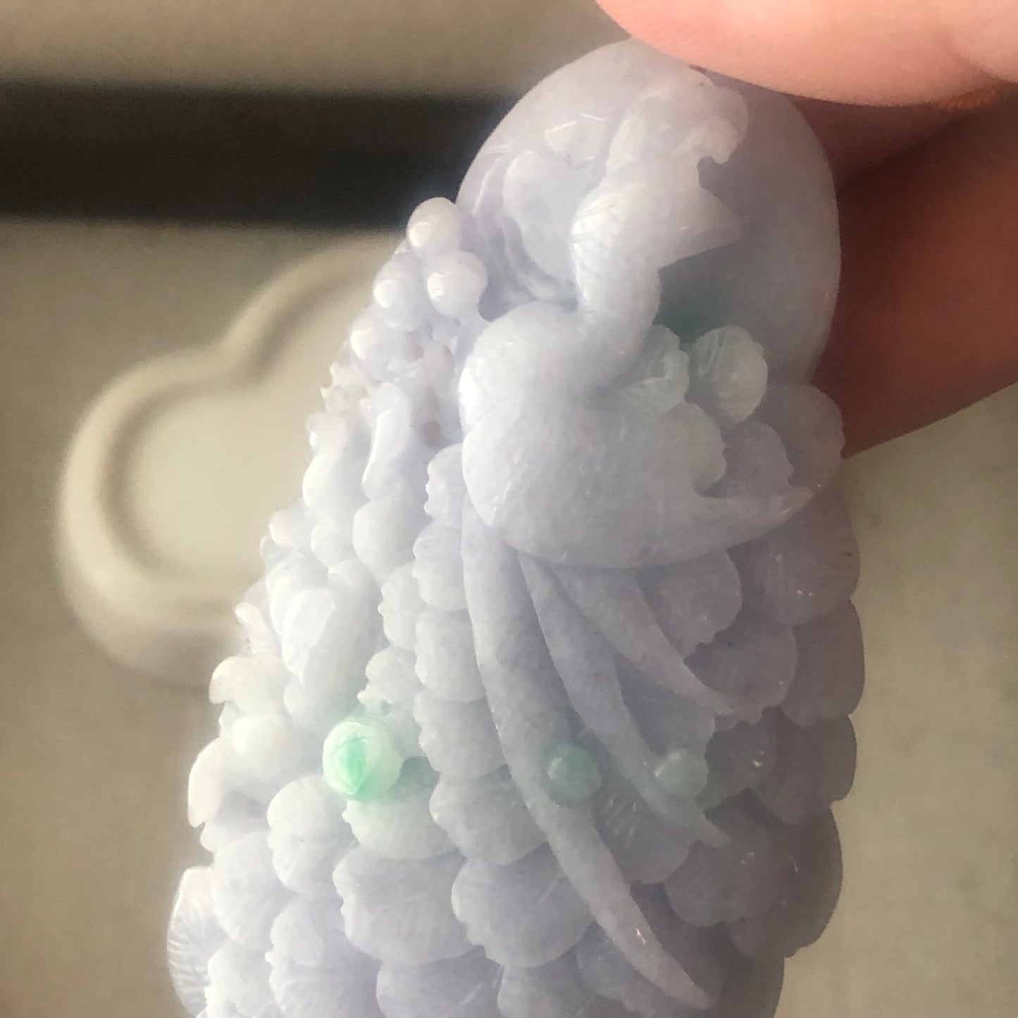 80mm Glossy Lavender Jadeite Jade Carved Peacock Pendant