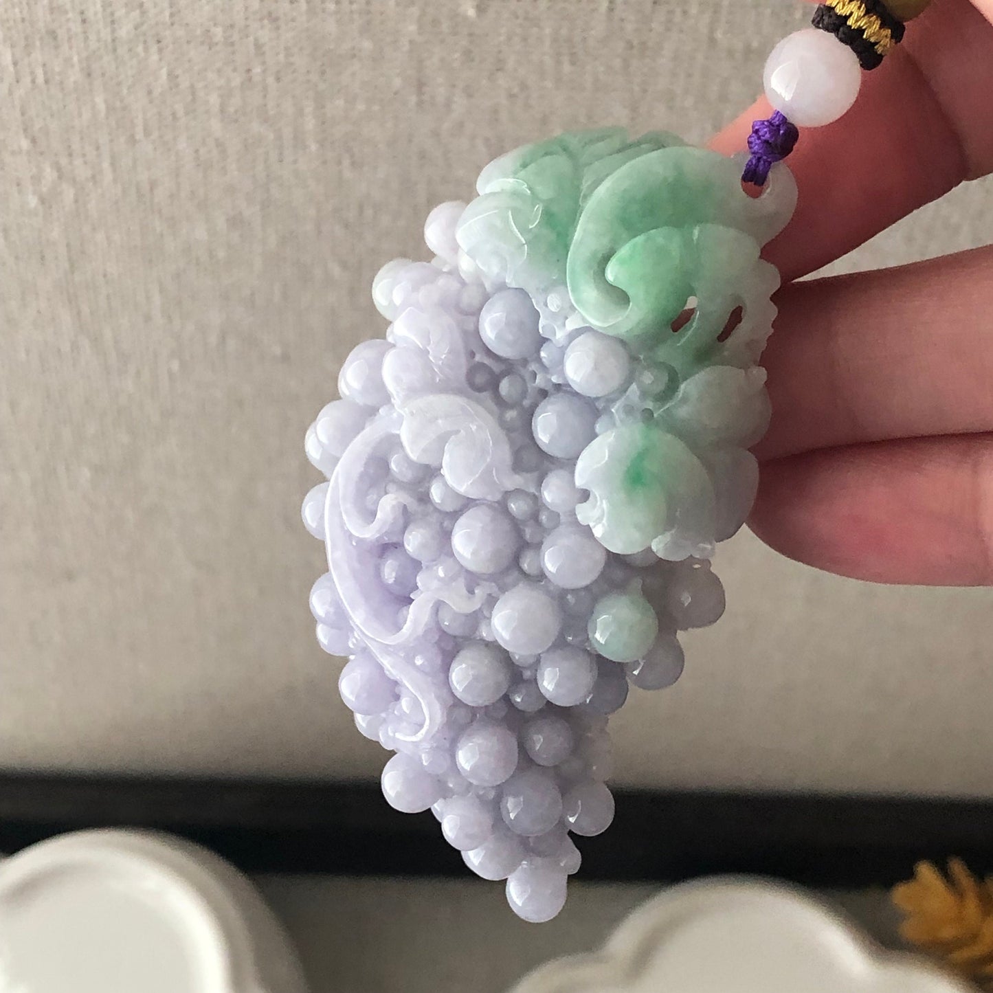70mm Lavender Green Jadeite Jade Carved Grape On the Vine Hand Display with Cord