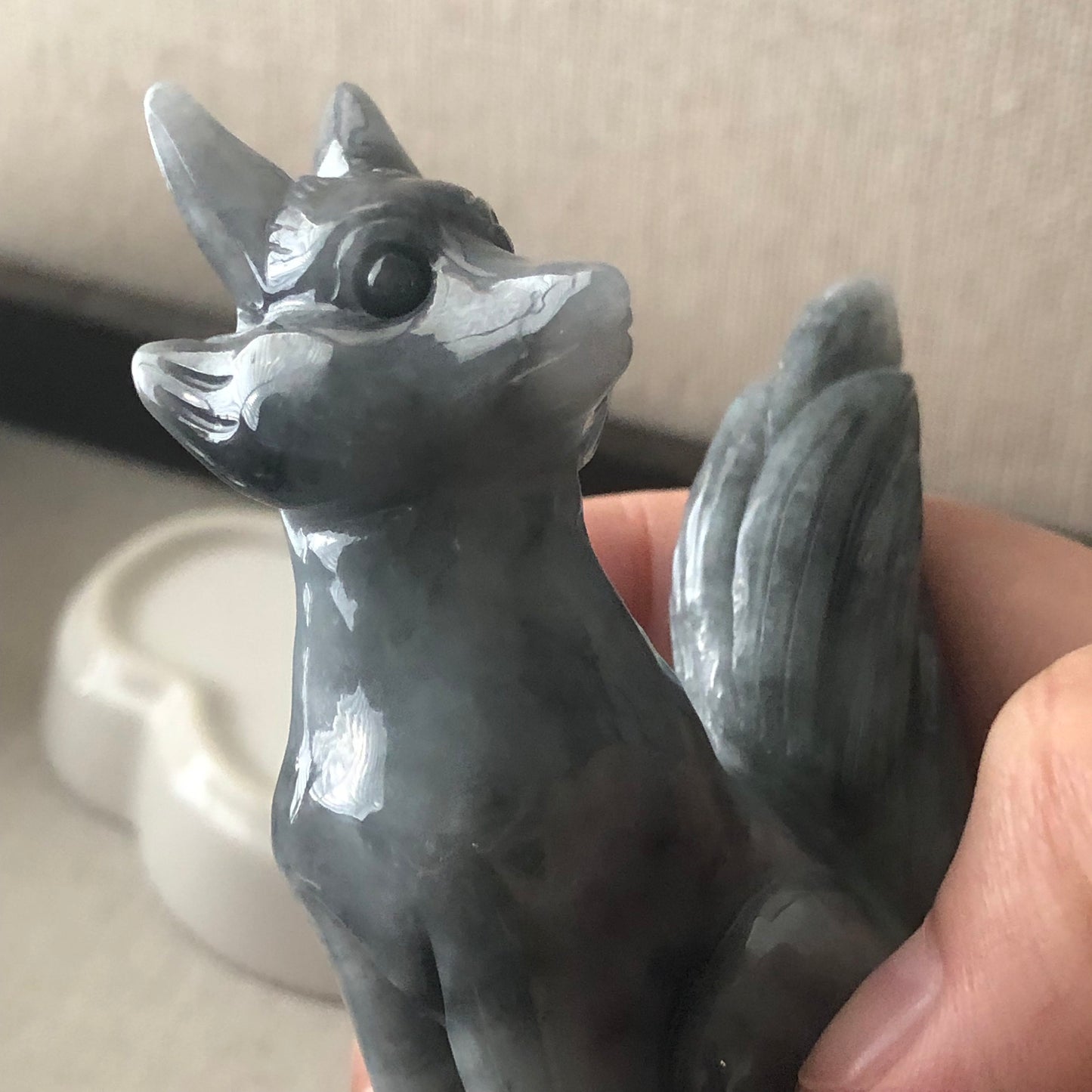 77mm Wuji Green Jadeite Jade Carved Foxtail Kitsune Display Statue