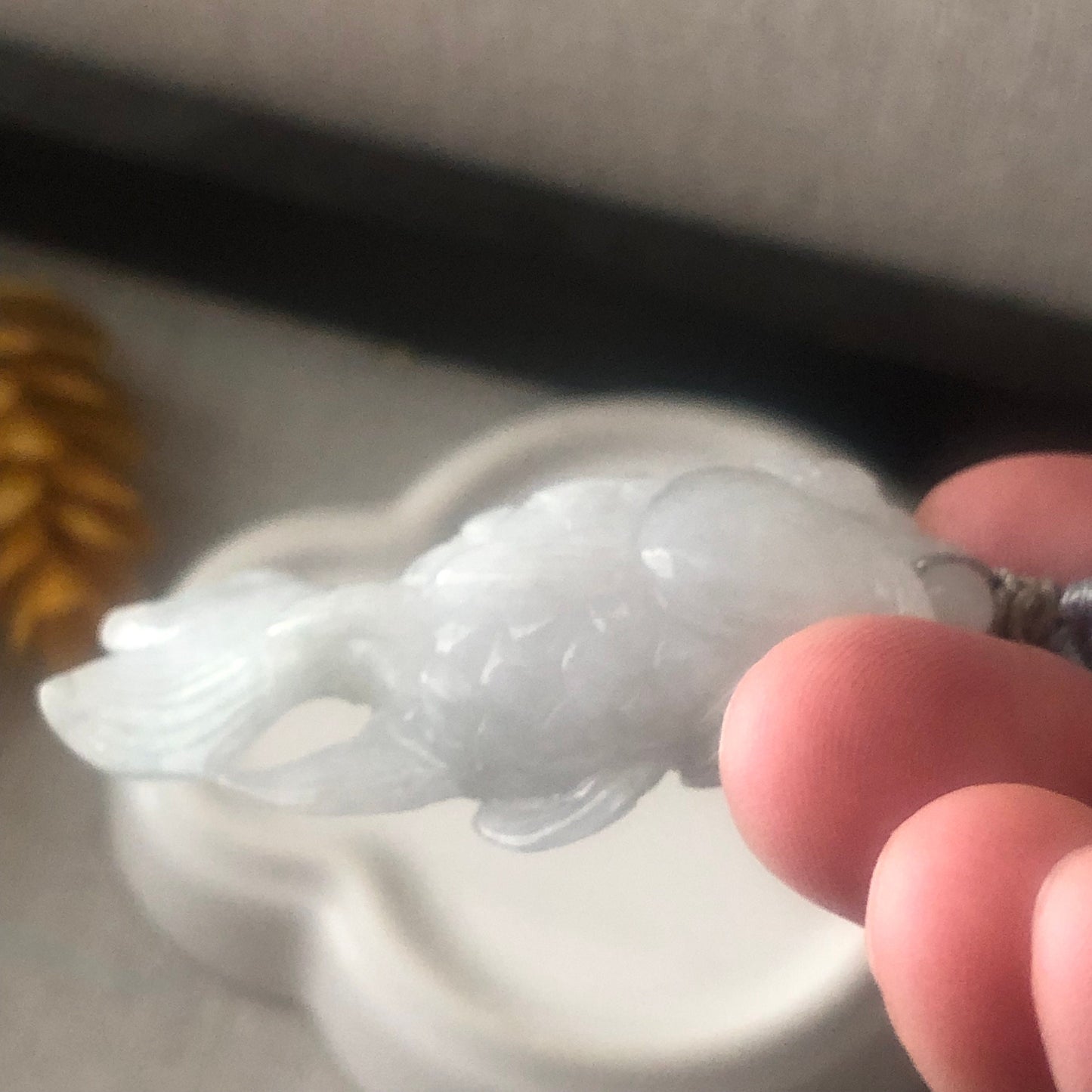 55.3 Icy Glossy White Jadeite Jade Carved Goldfish Pendant