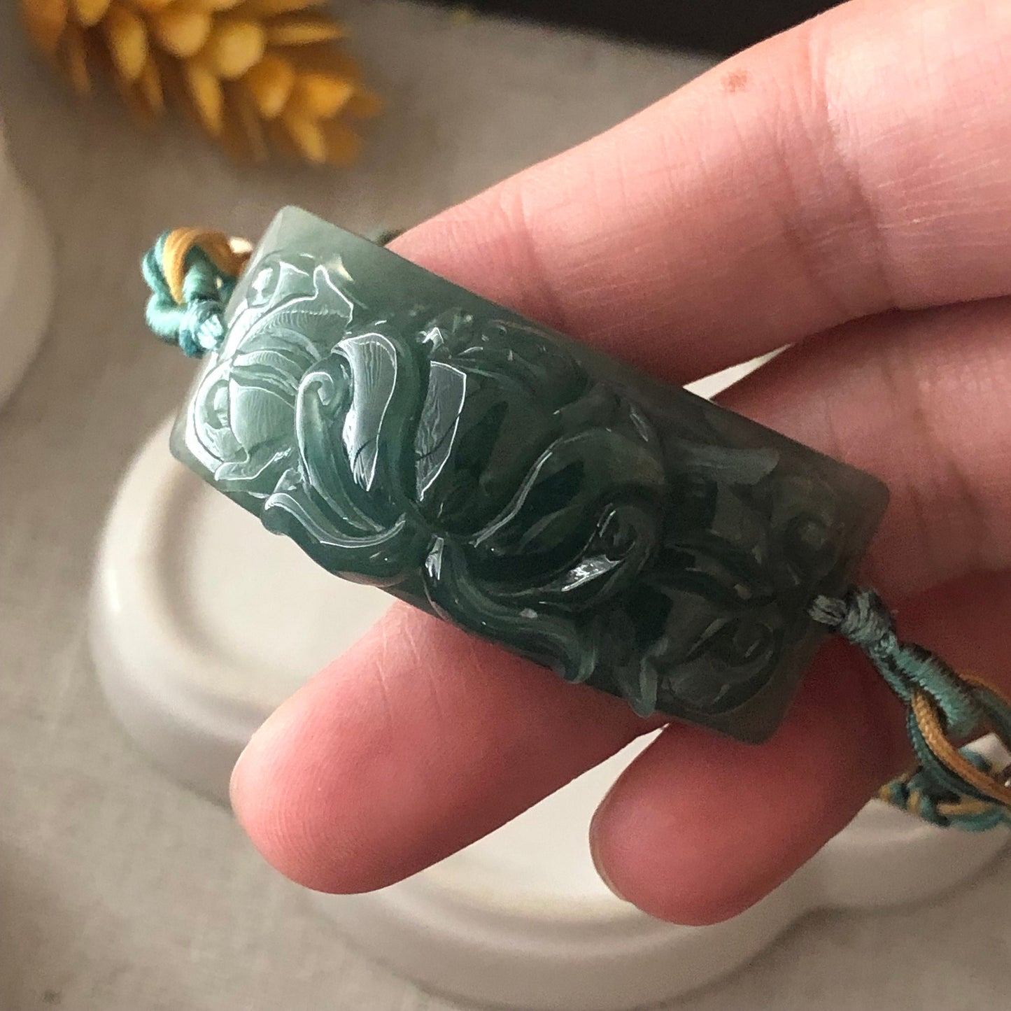 42 mm Icy Green carved Lotus Flower Jade Bracelet