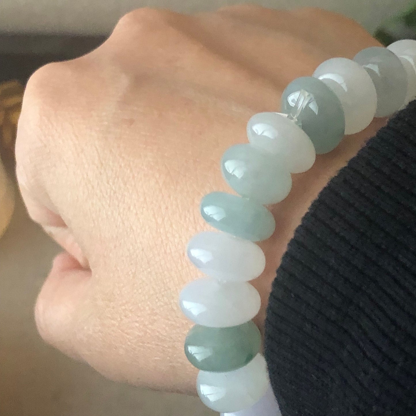 11mm Icy Asst. Green Jade Jadeite Big Donut Bead Bracelet