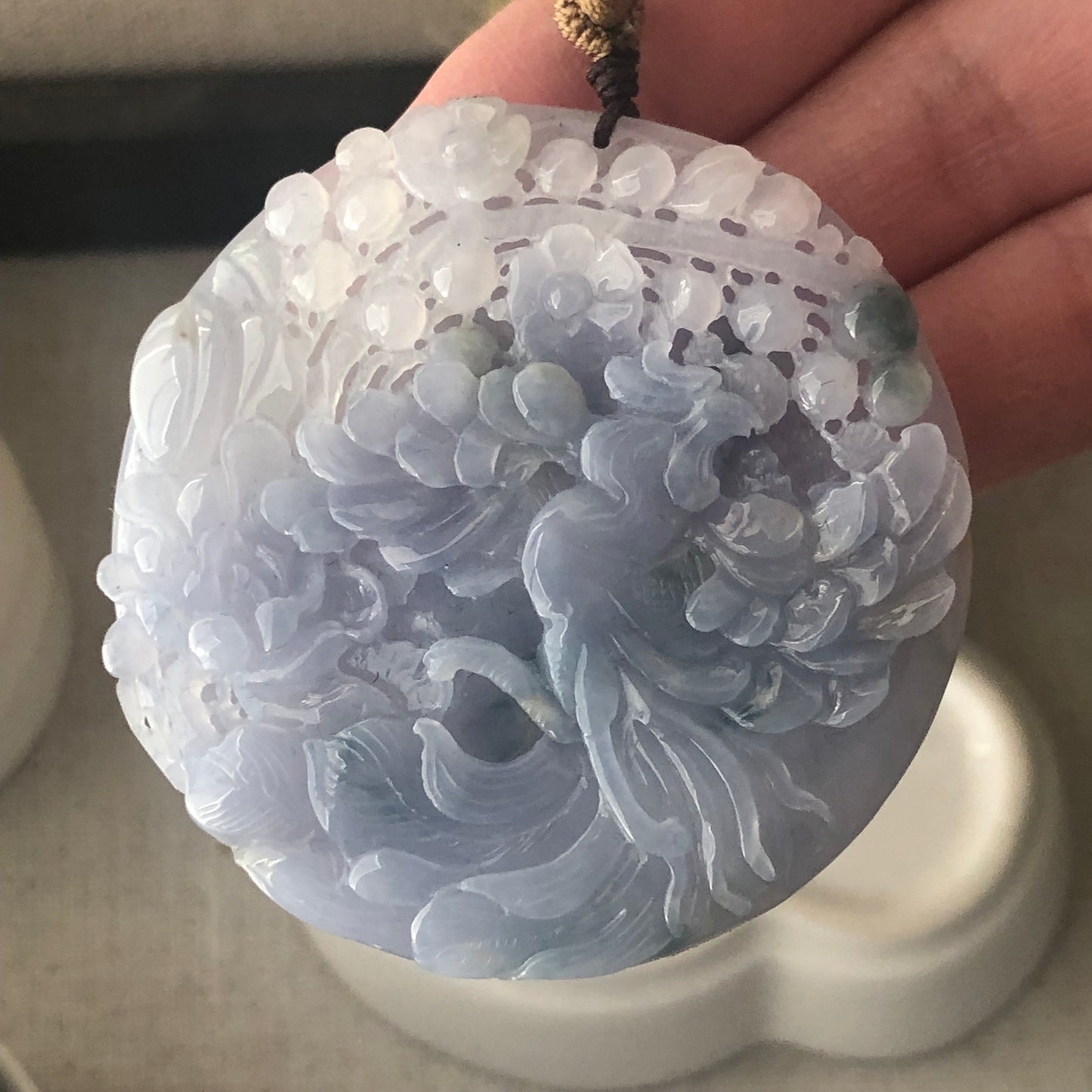 50mm Jadeite Jade Icy Lavender Blue Carved Floral Phoenix Pendant