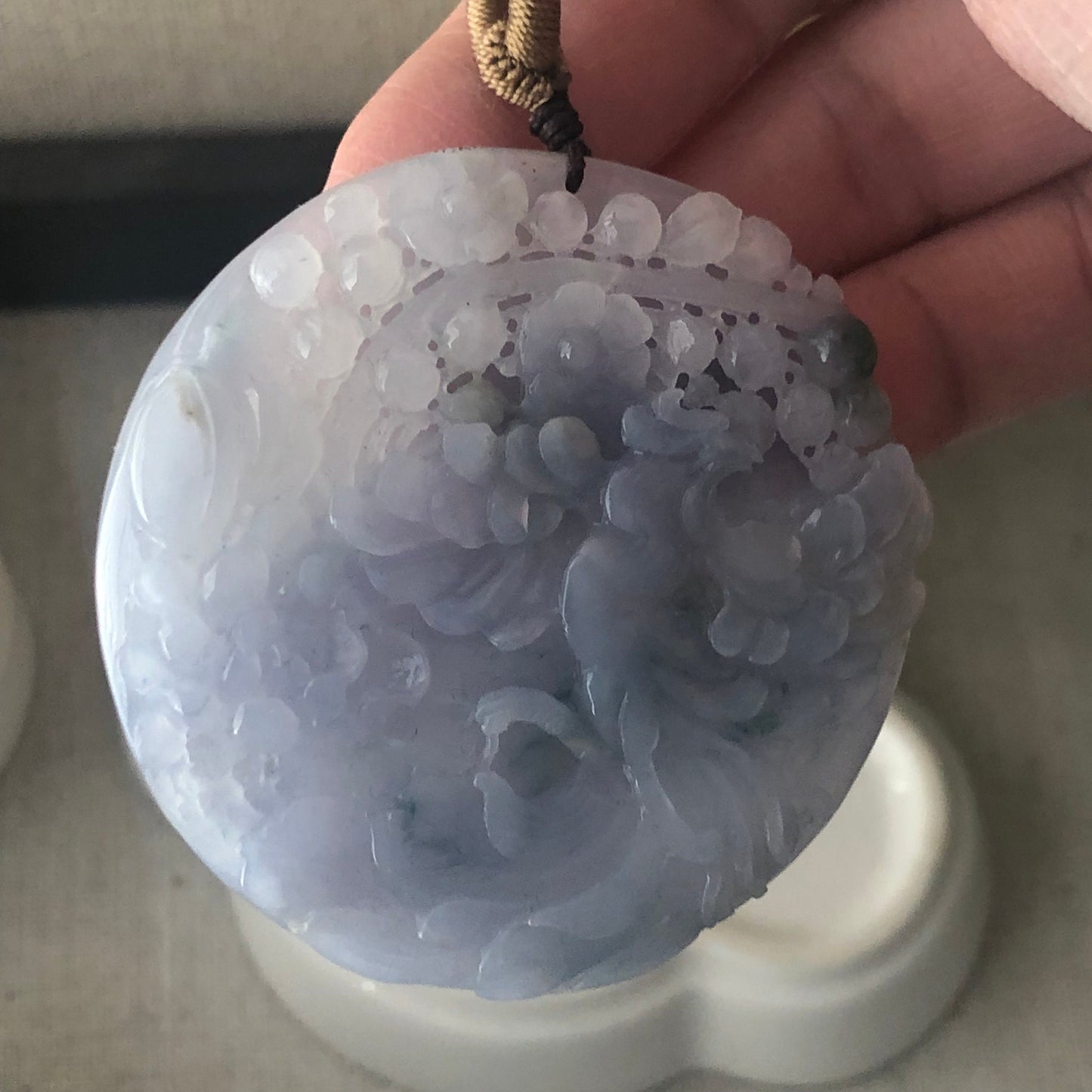 50mm Jadeite Jade Icy Lavender Blue Carved Floral Phoenix Pendant