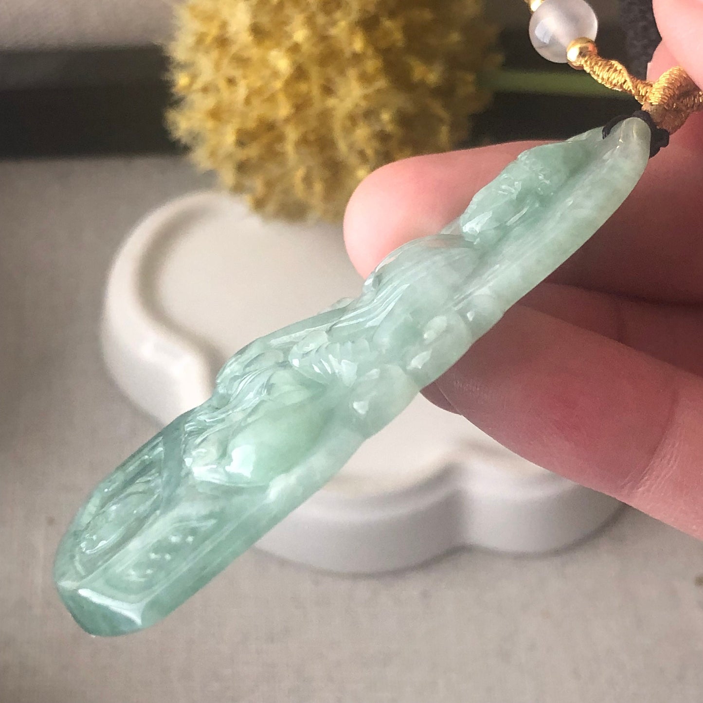64.2mm Jadeite Jade Green Carved Guanyin Pendant