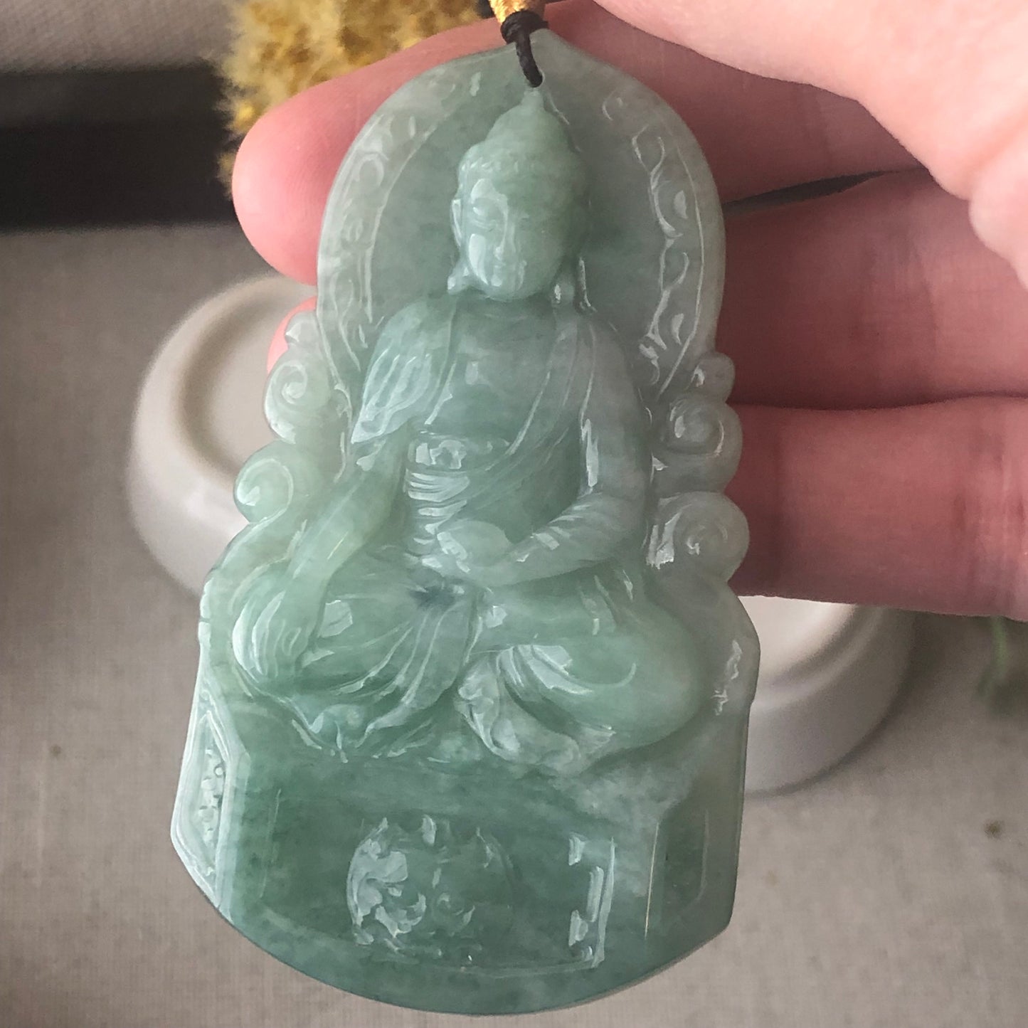 64.2mm Jadeite Jade Green Carved Guanyin Pendant