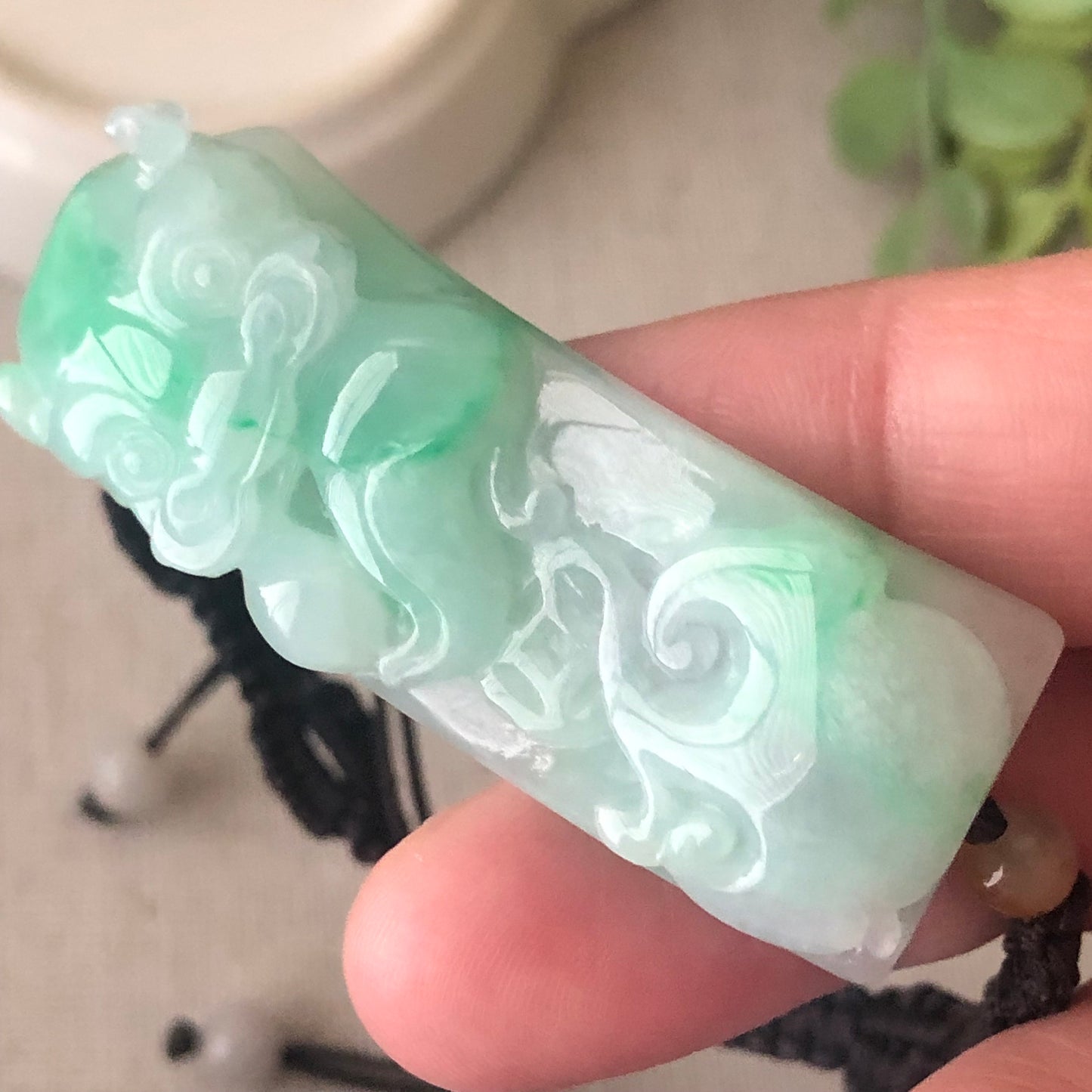 49.5mm Carved Pixiu Head Ruyi Jadeite Jade Tie Knot Rope Bracelet One Size