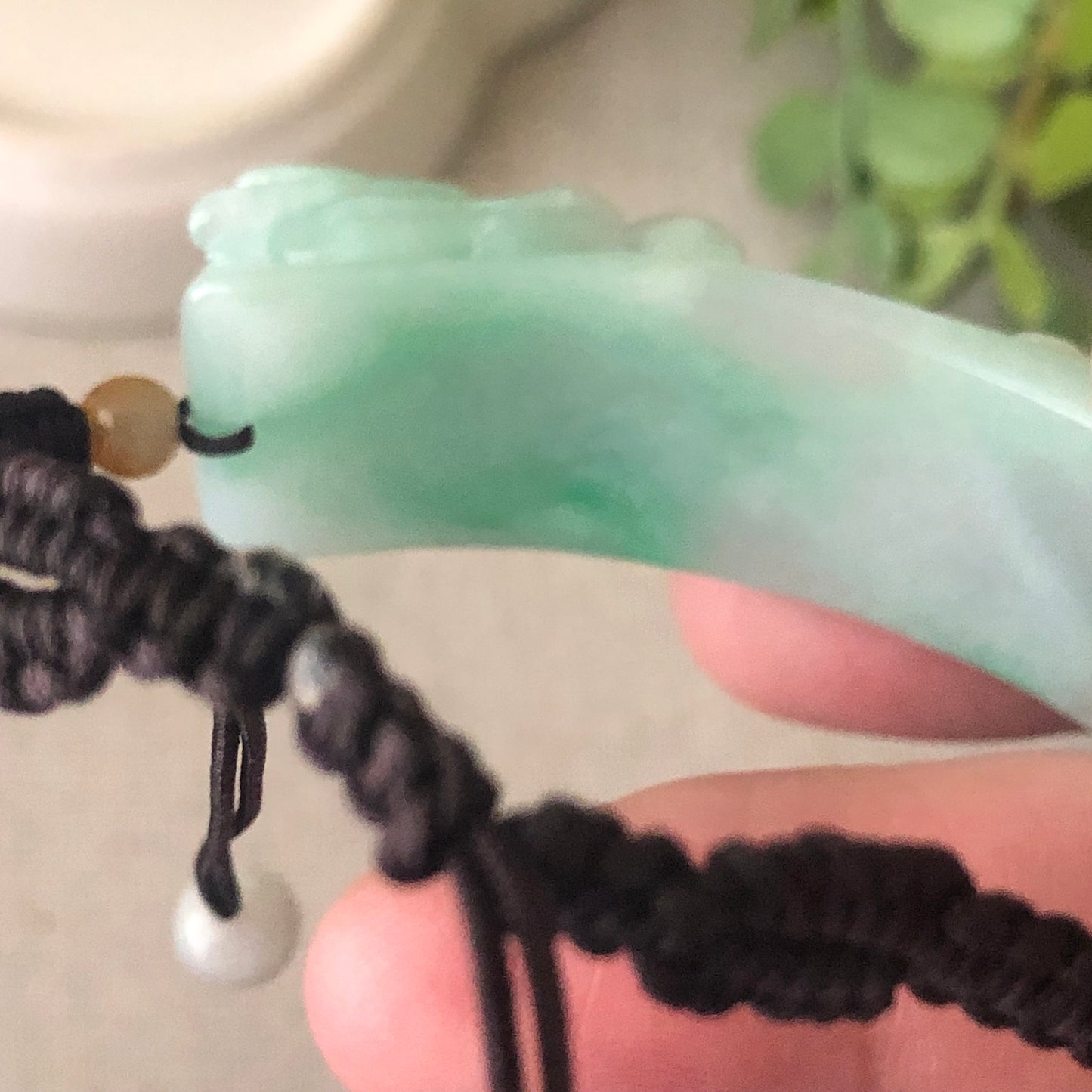 49.5mm Carved Pixiu Head Ruyi Jadeite Jade Tie Knot Rope Bracelet One Size