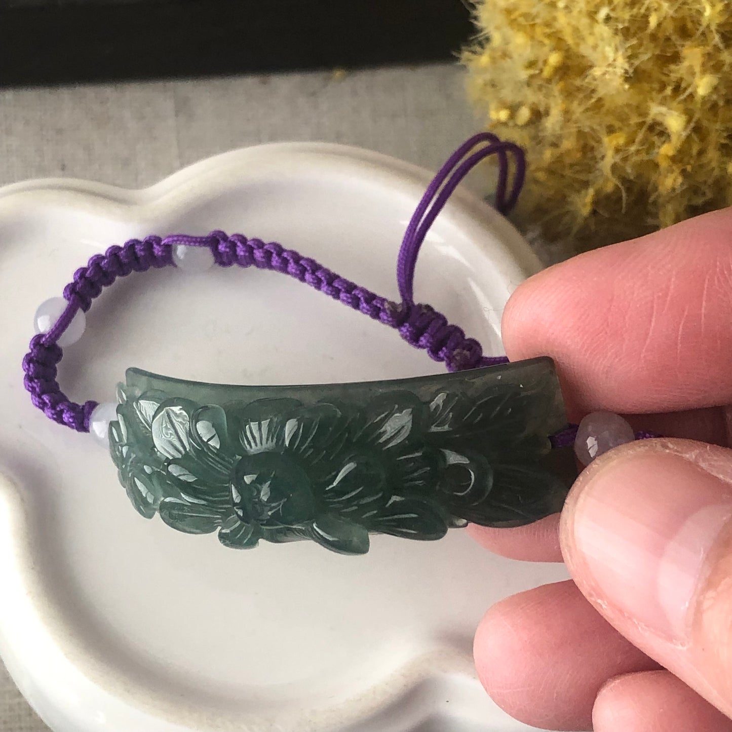 45 mm Icy Green Carved Flower Jadeite Jade Bracelet