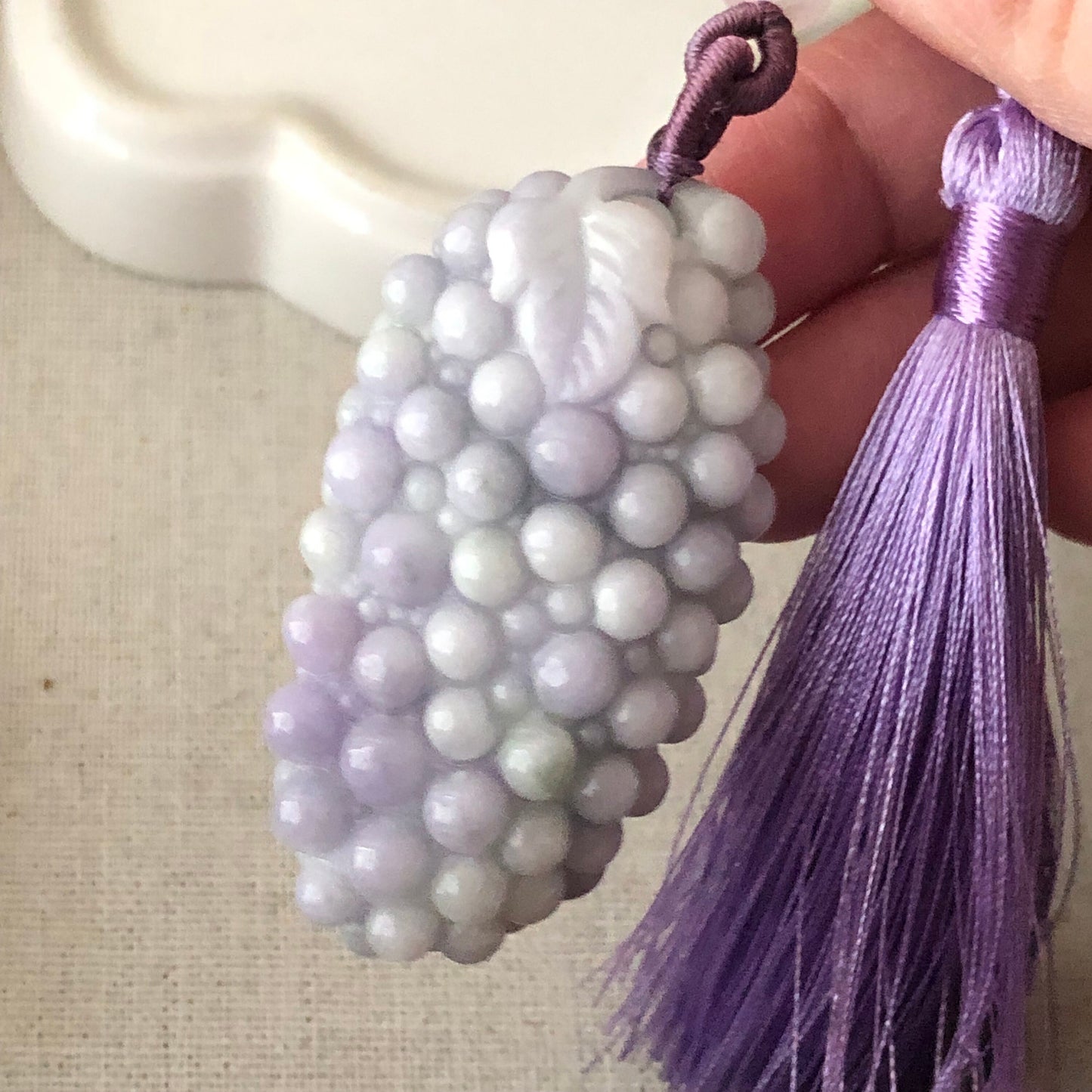 56mm Lavender Jadeite Jade Carved Grape Pendant