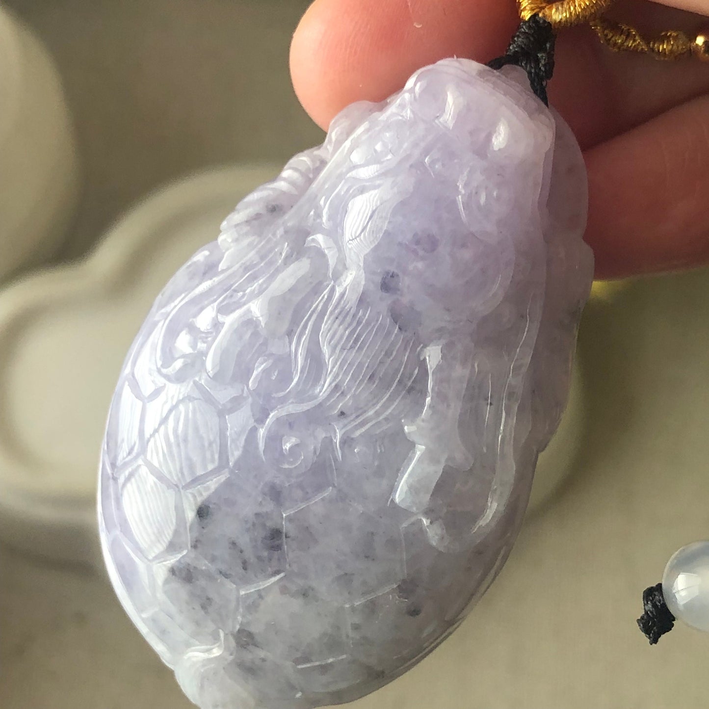 55mm Jadeite Jade Lavender Wuji Carved Dragon Turtle Pendant Neck Rope Tie