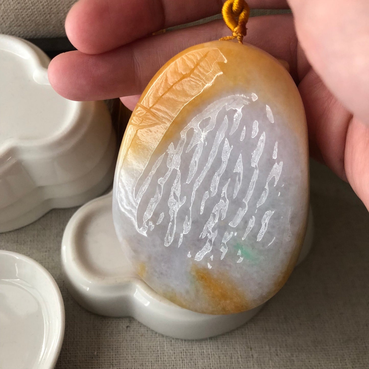 75.9 mm Yellow Brown Glutinous 3D Carved Flower Landscape Pendant