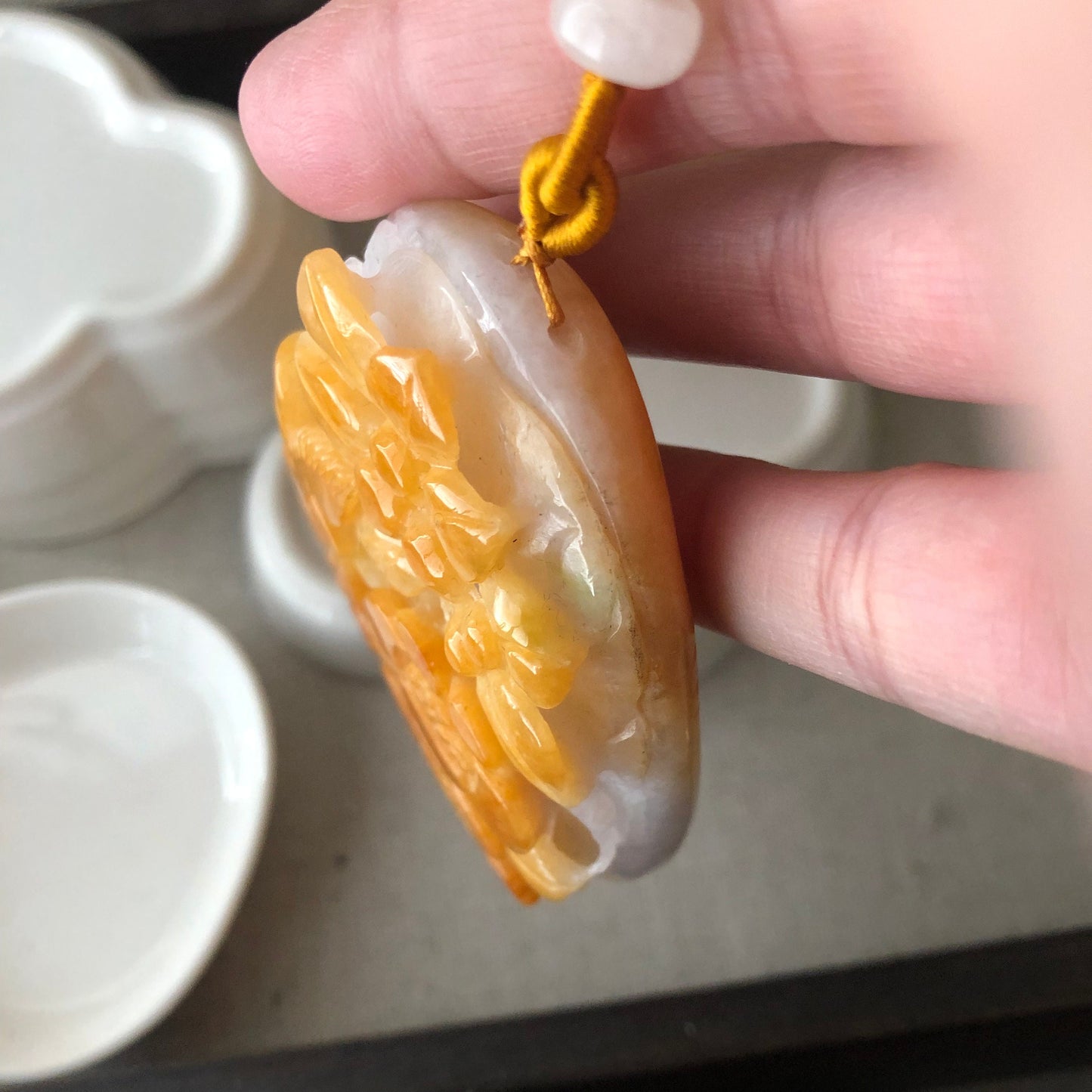 75.9 mm Yellow Brown Glutinous 3D Carved Flower Landscape Pendant