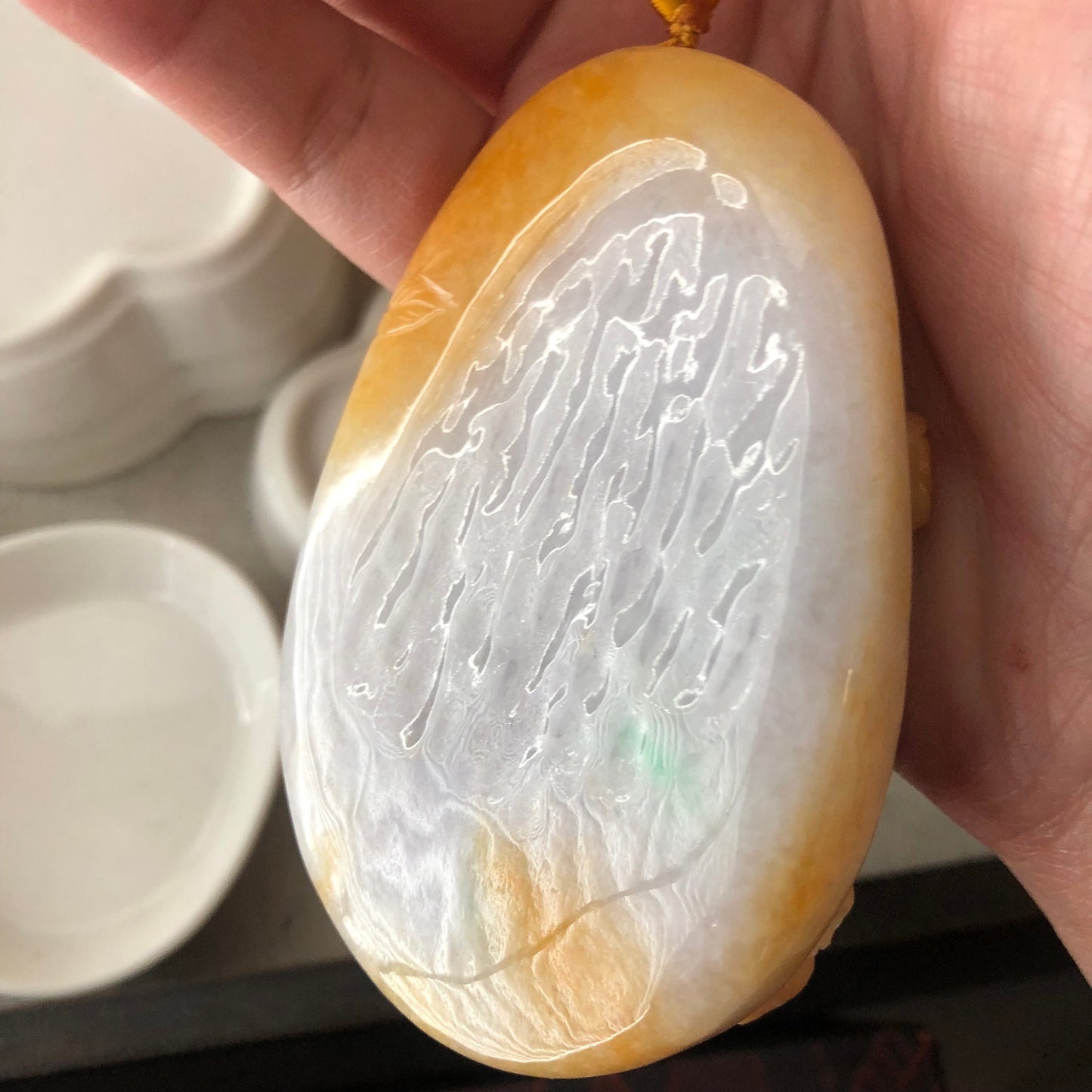 75.9 mm Yellow Brown Glutinous 3D Carved Flower Landscape Pendant