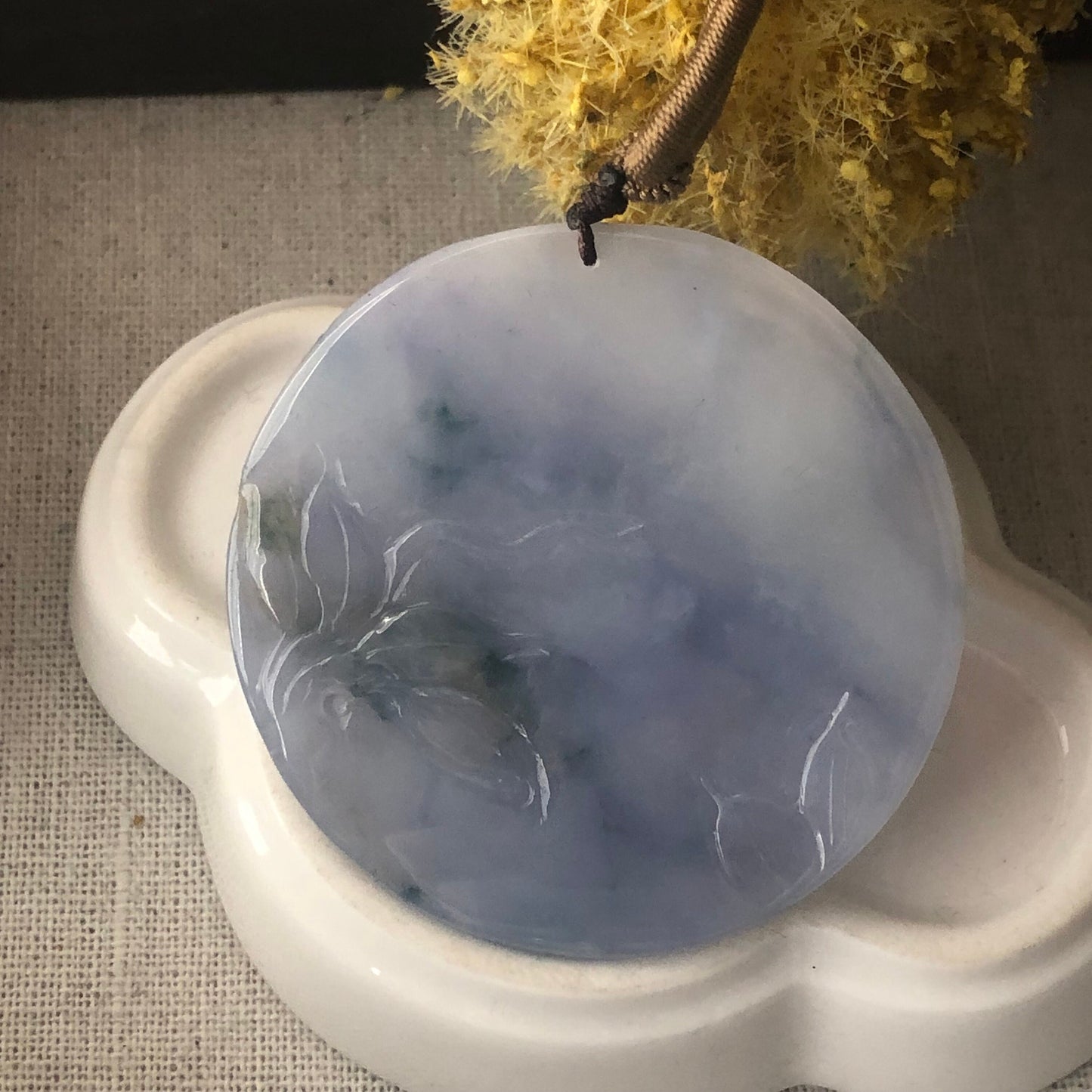 50mm Jadeite Jade Icy Lavender Blue Carved Floral Phoenix Pendant