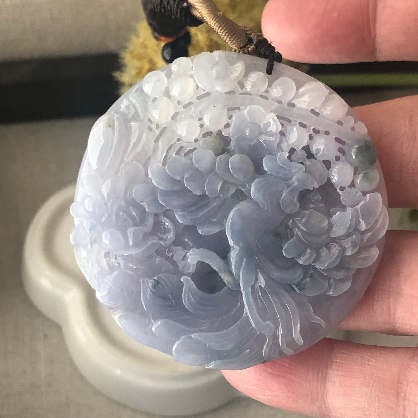 50mm Jadeite Jade Icy Lavender Blue Carved Floral Phoenix Pendant