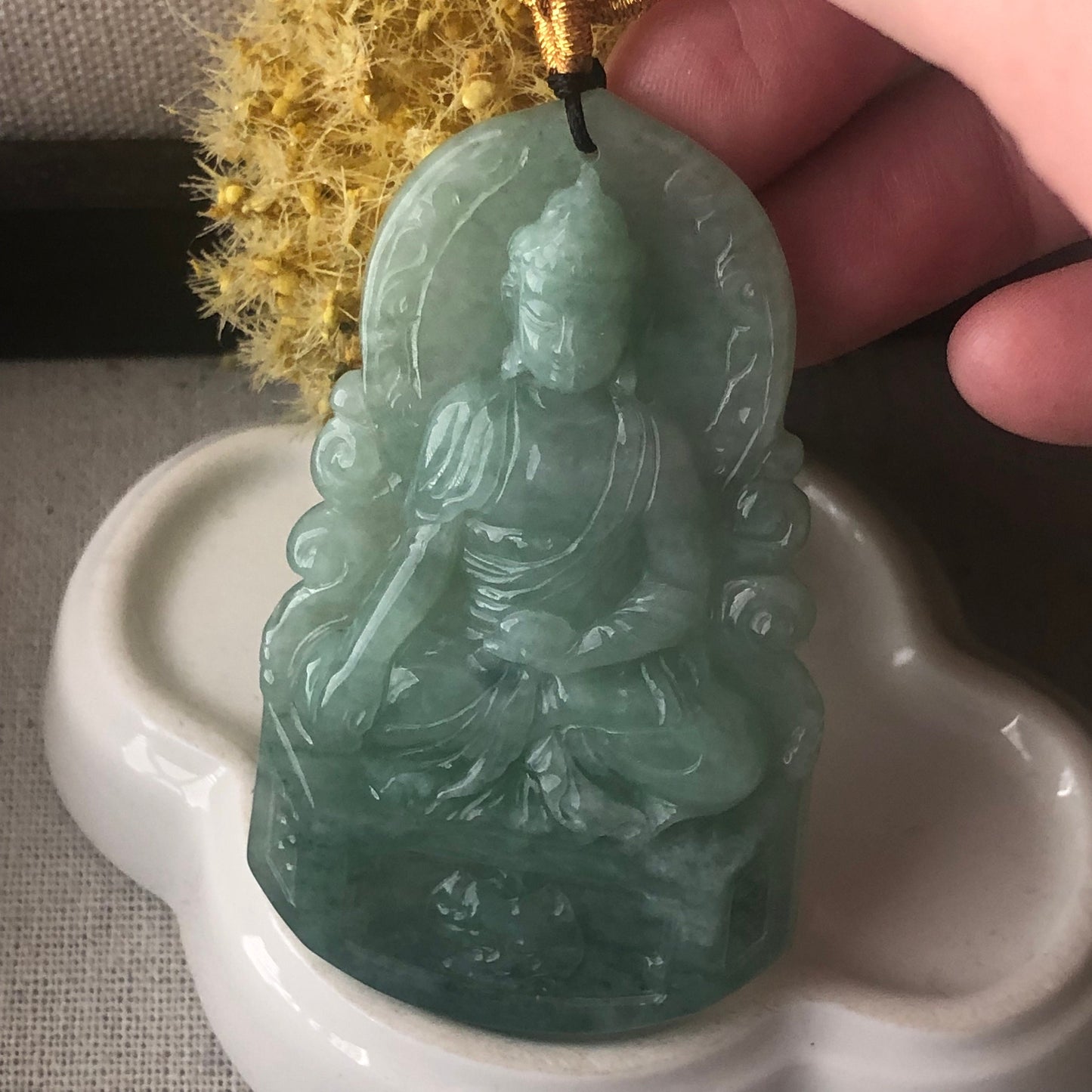 64.2mm Jadeite Jade Green Carved Guanyin Pendant