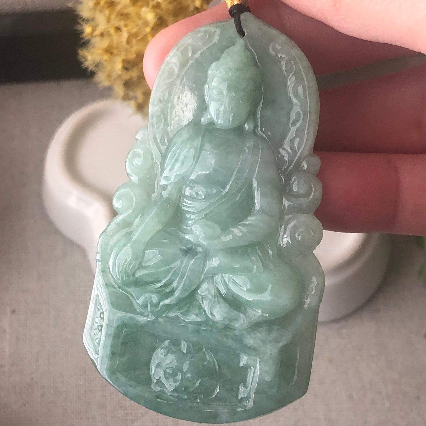 64.2mm Jadeite Jade Green Carved Guanyin Pendant