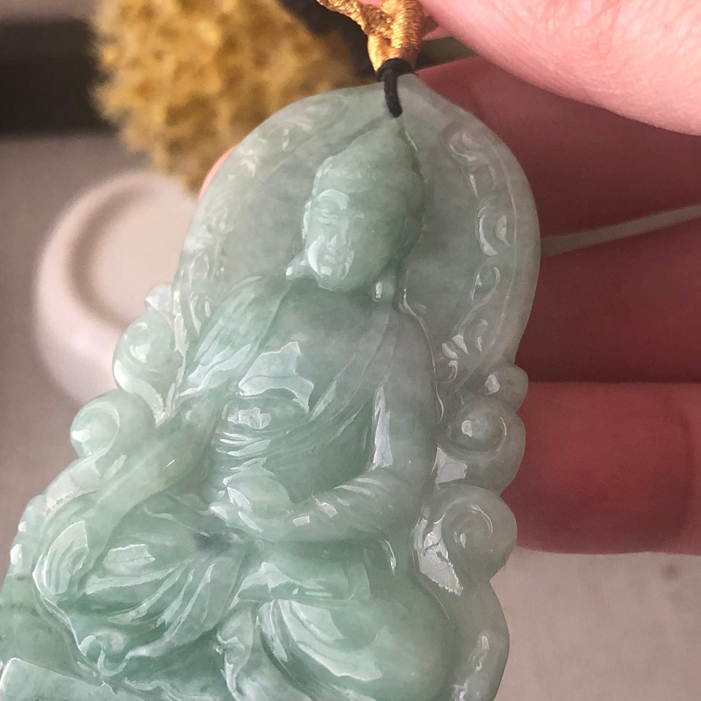 64.2mm Jadeite Jade Green Carved Guanyin Pendant