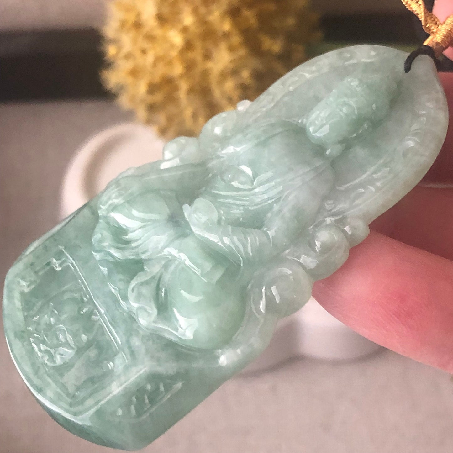 64.2mm Jadeite Jade Green Carved Guanyin Pendant