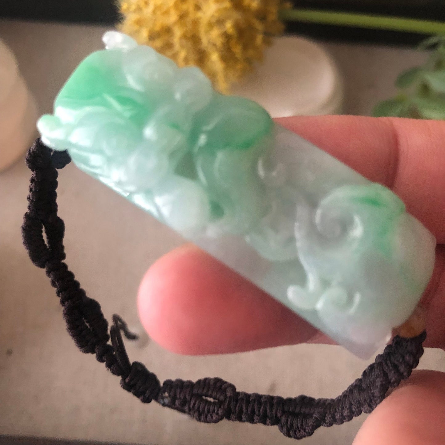 49.5mm Carved Pixiu Head Ruyi Jadeite Jade Tie Knot Rope Bracelet One Size