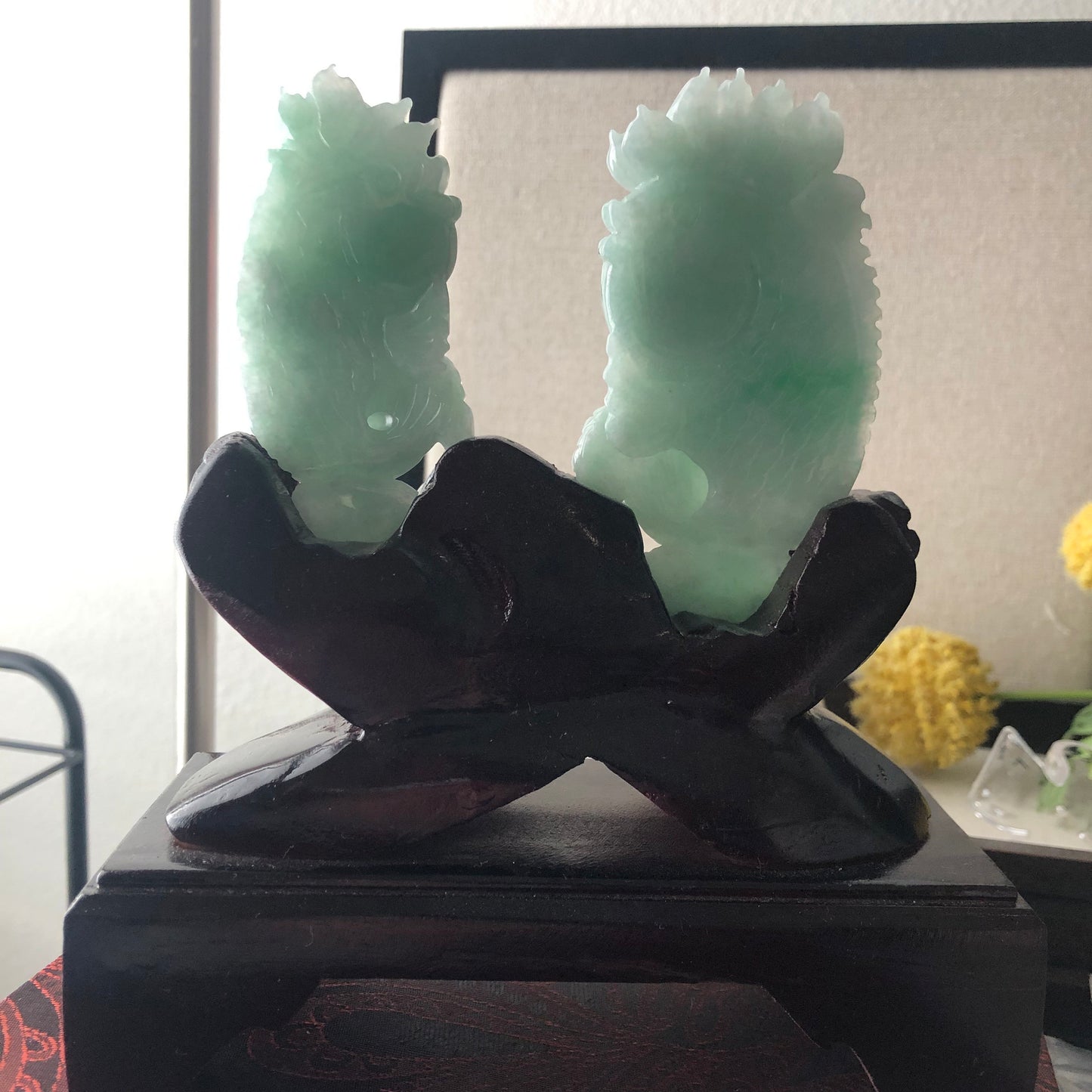 81.9-94.8mm Green Jadeite Jade Carved Dual Fish Display