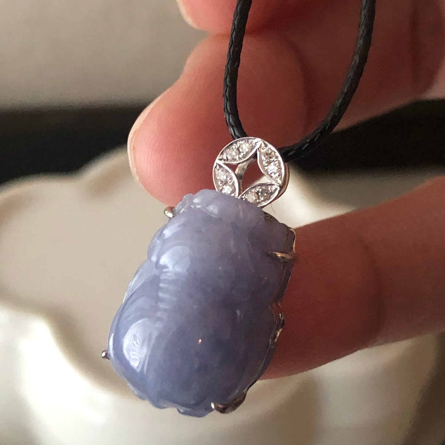 18K white gold 23mm Lavender Blue Jadeite Jade Carved Pixiu Pendant