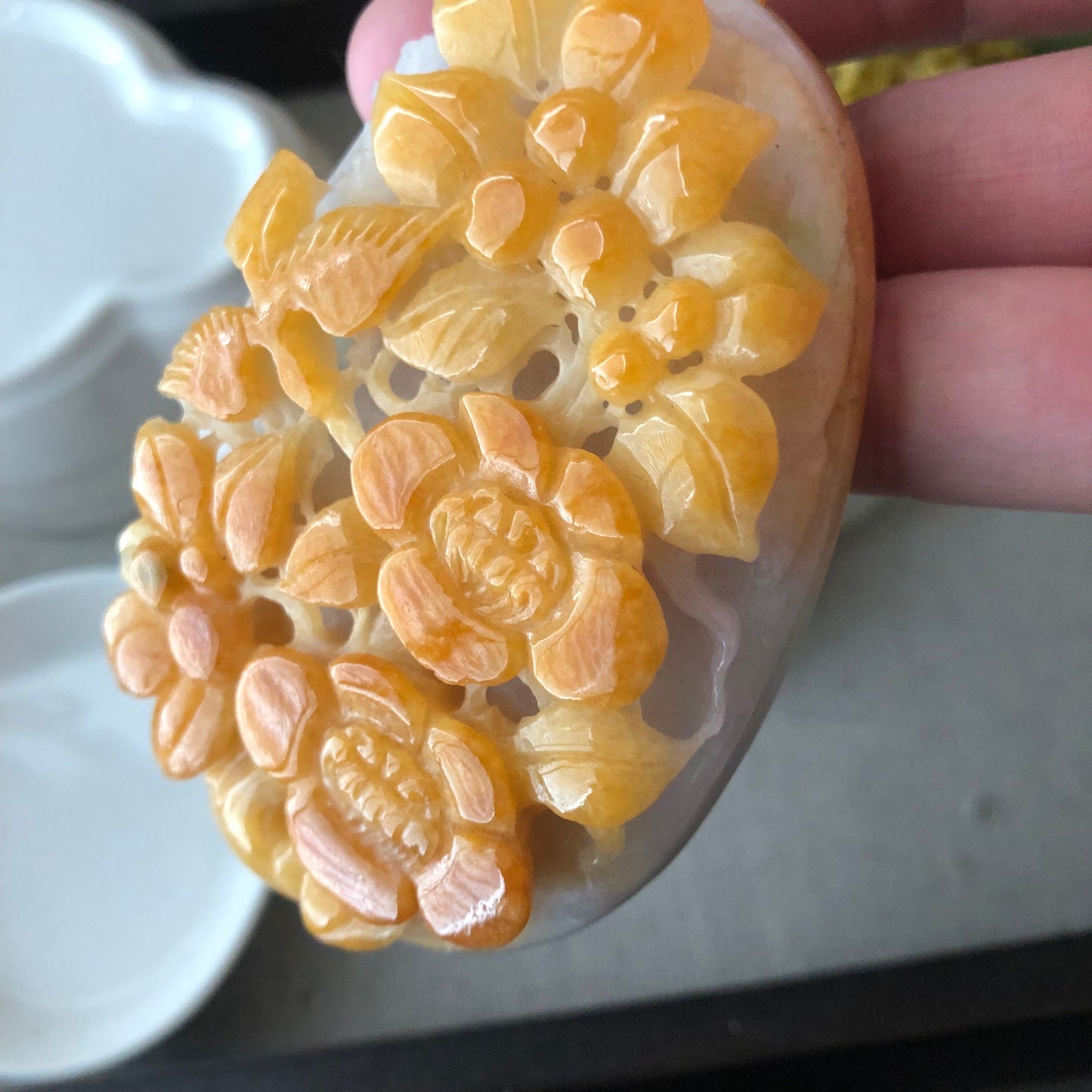 75.9 mm Yellow Brown Glutinous 3D Carved Flower Landscape Pendant