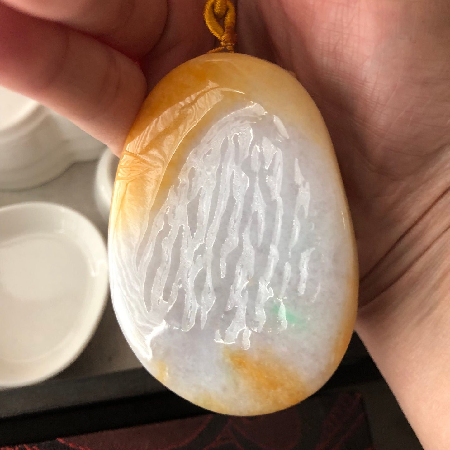 75.9 mm Yellow Brown Glutinous 3D Carved Flower Landscape Pendant