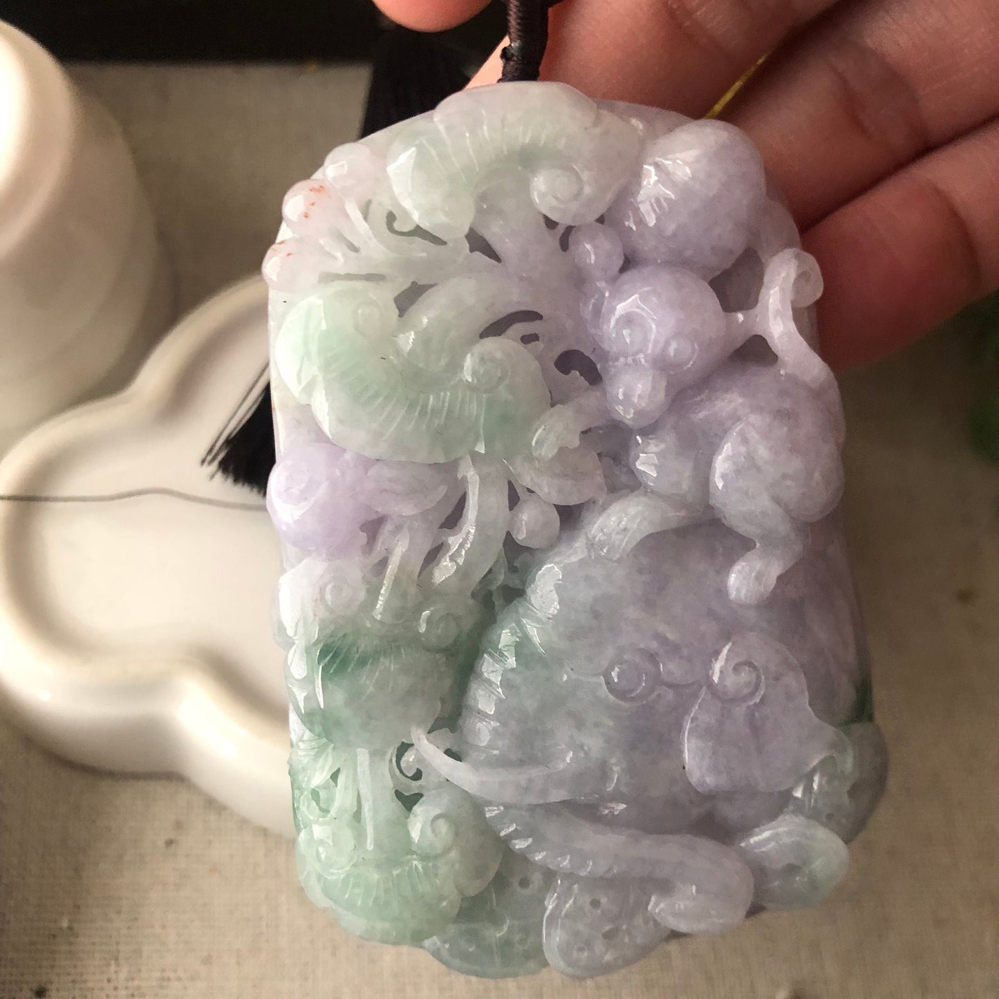 70 mm Lavender Green 3D Carved Monkey Elephant Ruyi Flower Pendant