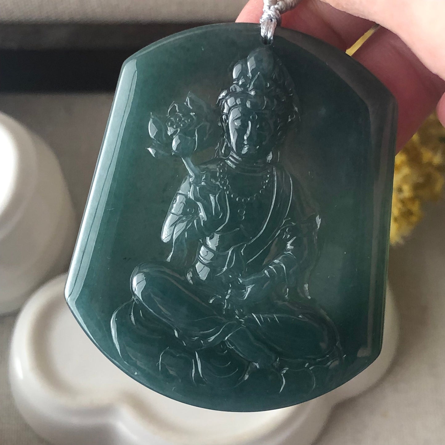 54.3 mm Icy Glossy Blue Green Guatemalan Jade Guanyin Pendant